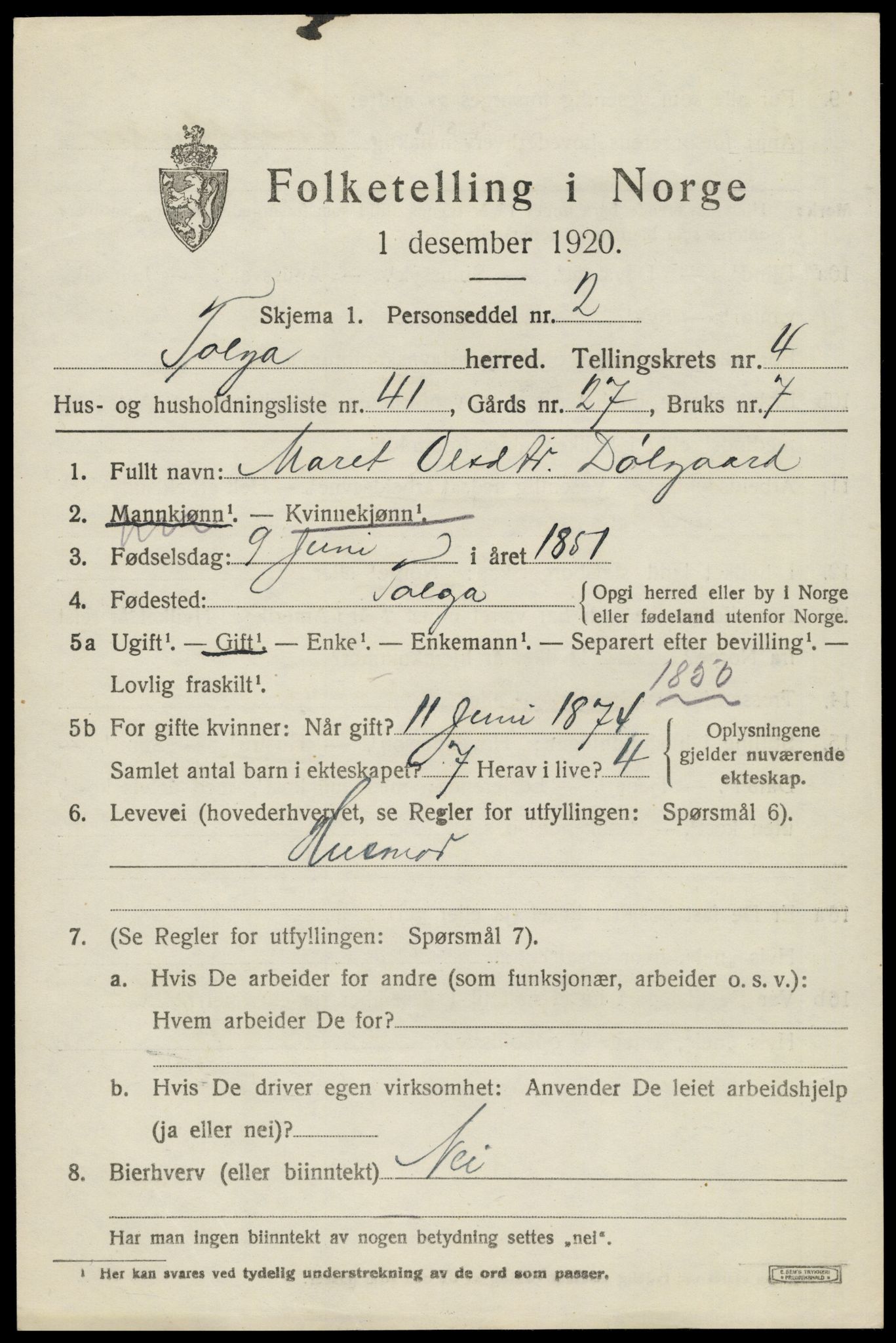 SAH, 1920 census for Tolga, 1920, p. 3067