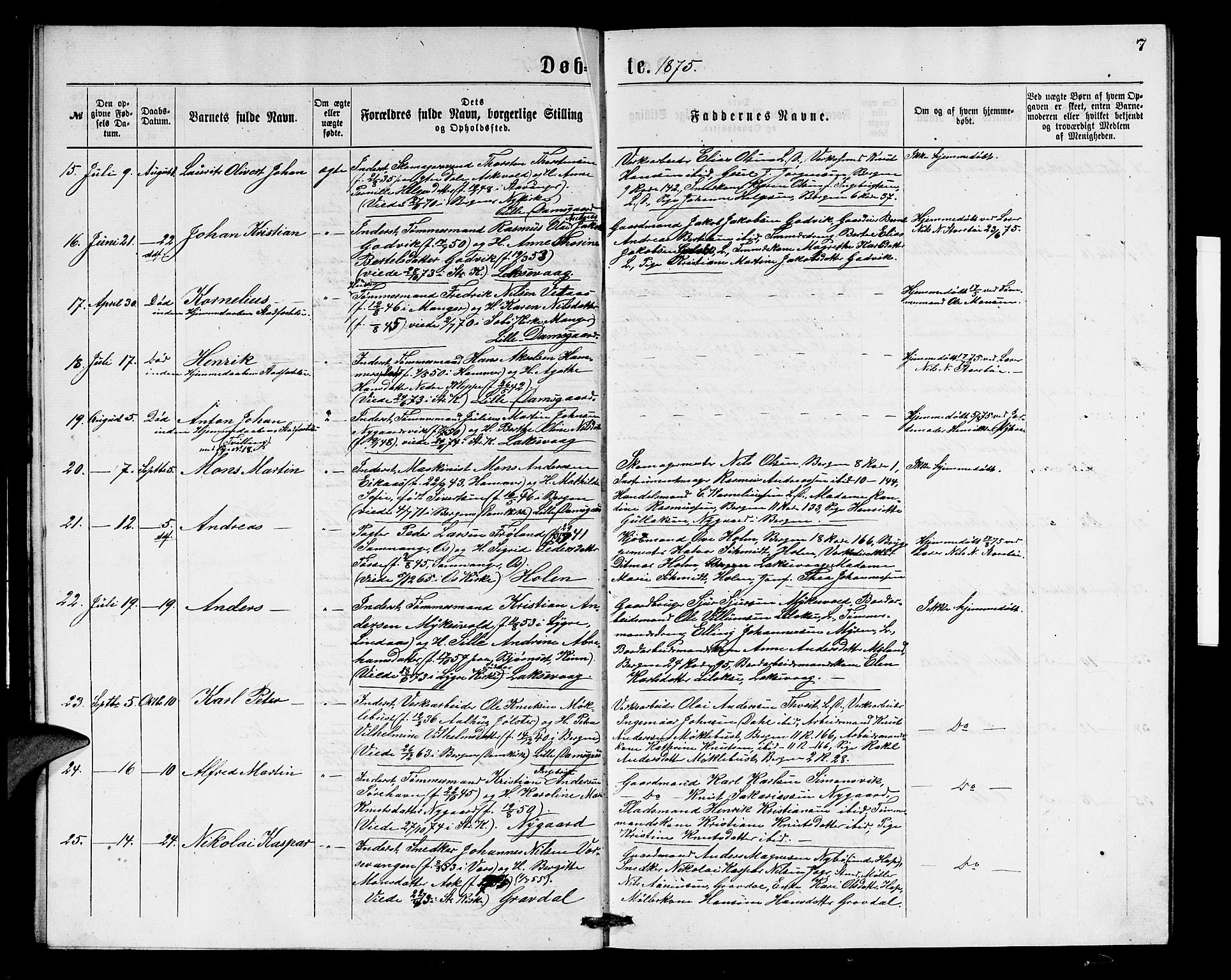 Laksevåg Sokneprestembete, AV/SAB-A-76501/H/Ha/Hab/Haba/L0001: Parish register (copy) no. A 1, 1875-1877, p. 7