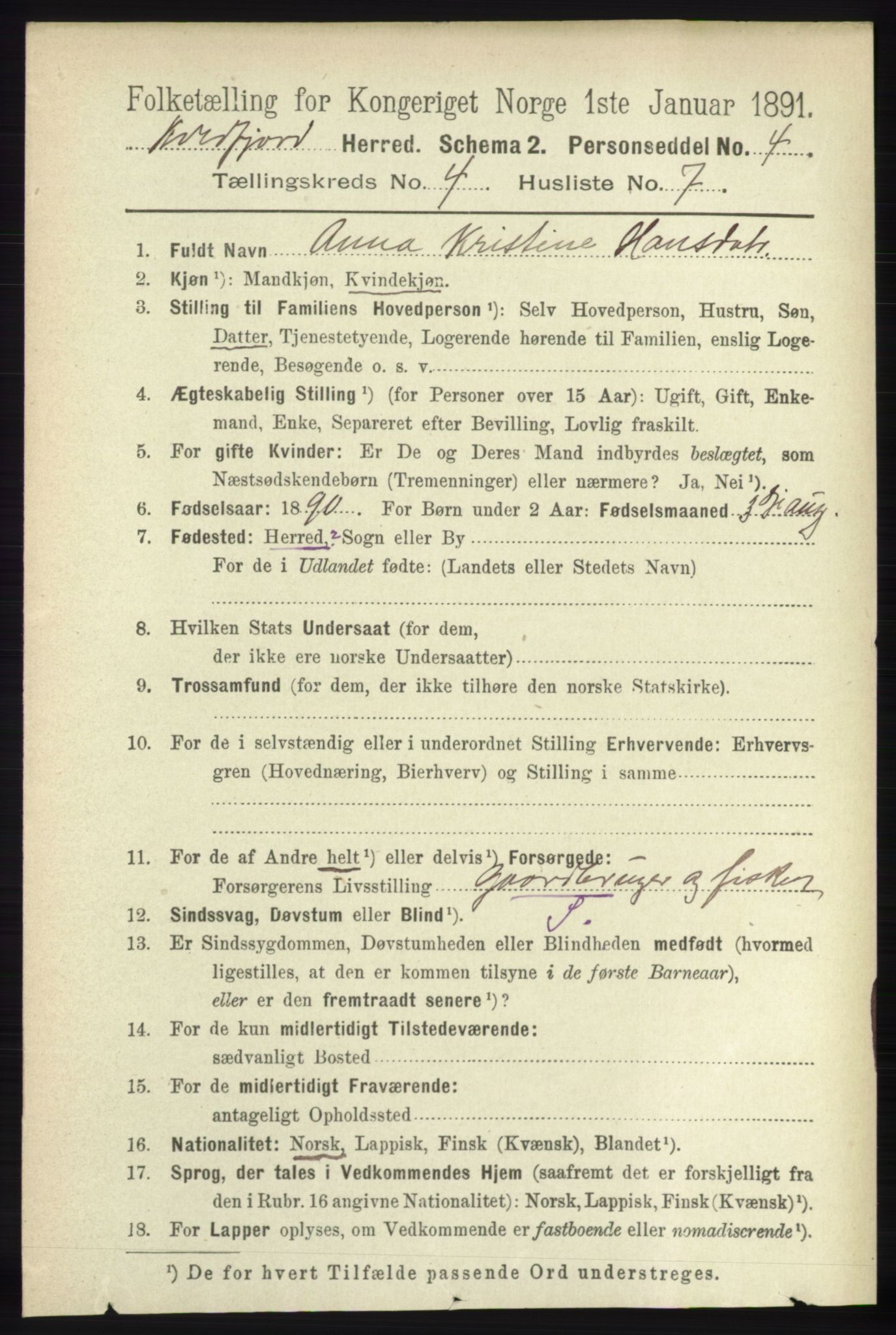 RA, 1891 census for 1911 Kvæfjord, 1891, p. 1930