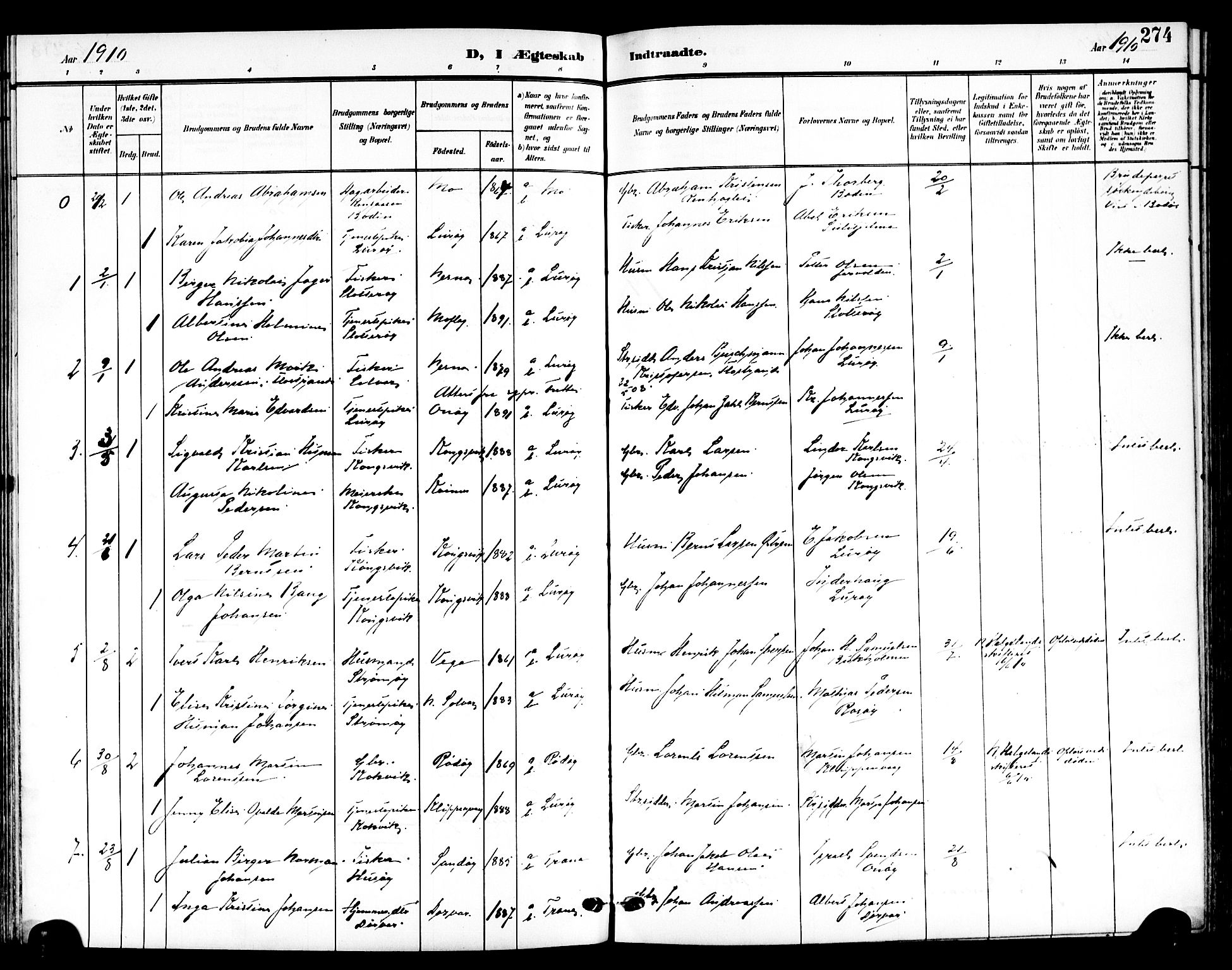 Ministerialprotokoller, klokkerbøker og fødselsregistre - Nordland, AV/SAT-A-1459/839/L0569: Parish register (official) no. 839A06, 1903-1922, p. 274