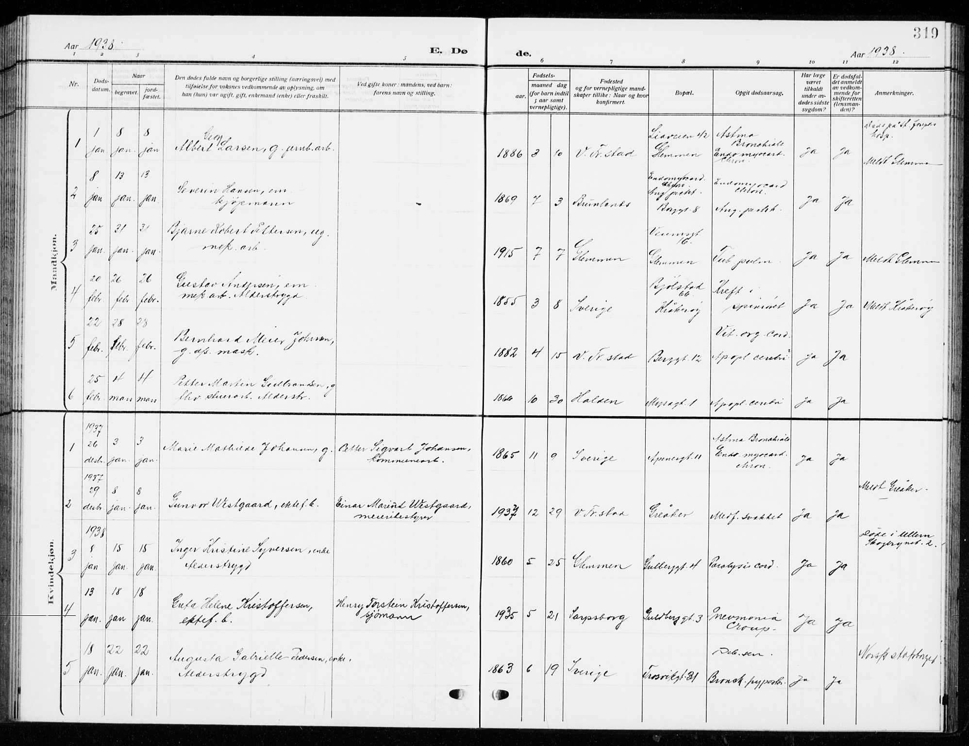 Fredrikstad domkirkes prestekontor Kirkebøker, SAO/A-10906/G/Ga/L0004: Parish register (copy) no. 4, 1910-1944, p. 319