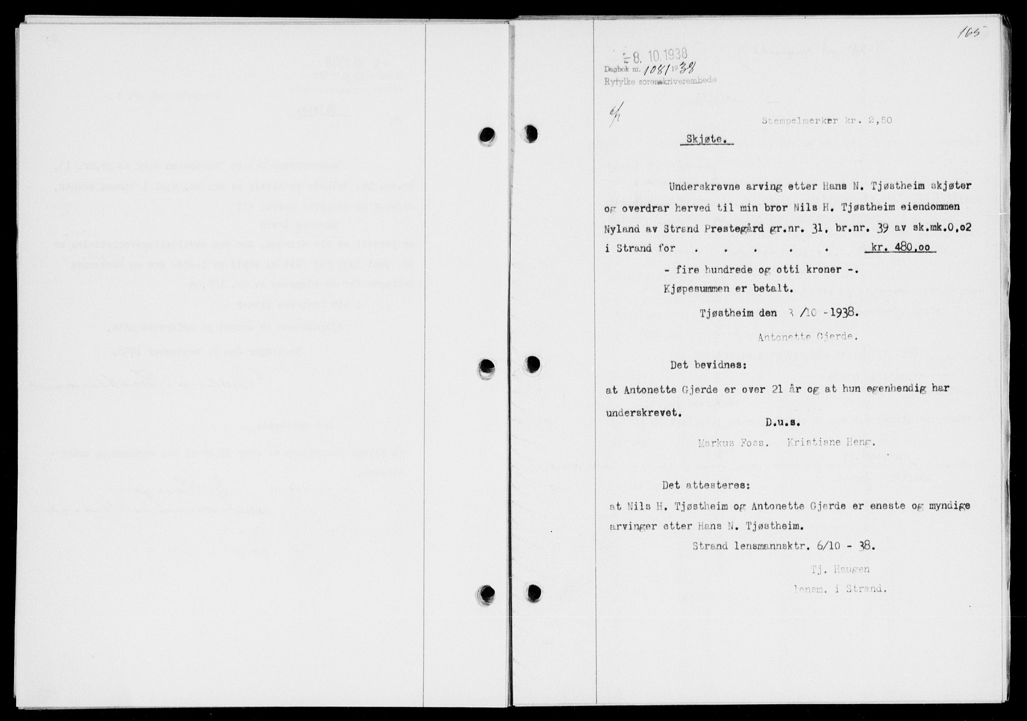 Ryfylke tingrett, SAST/A-100055/001/II/IIB/L0078: Mortgage book no. 57, 1938-1938, Diary no: : 1081/1938