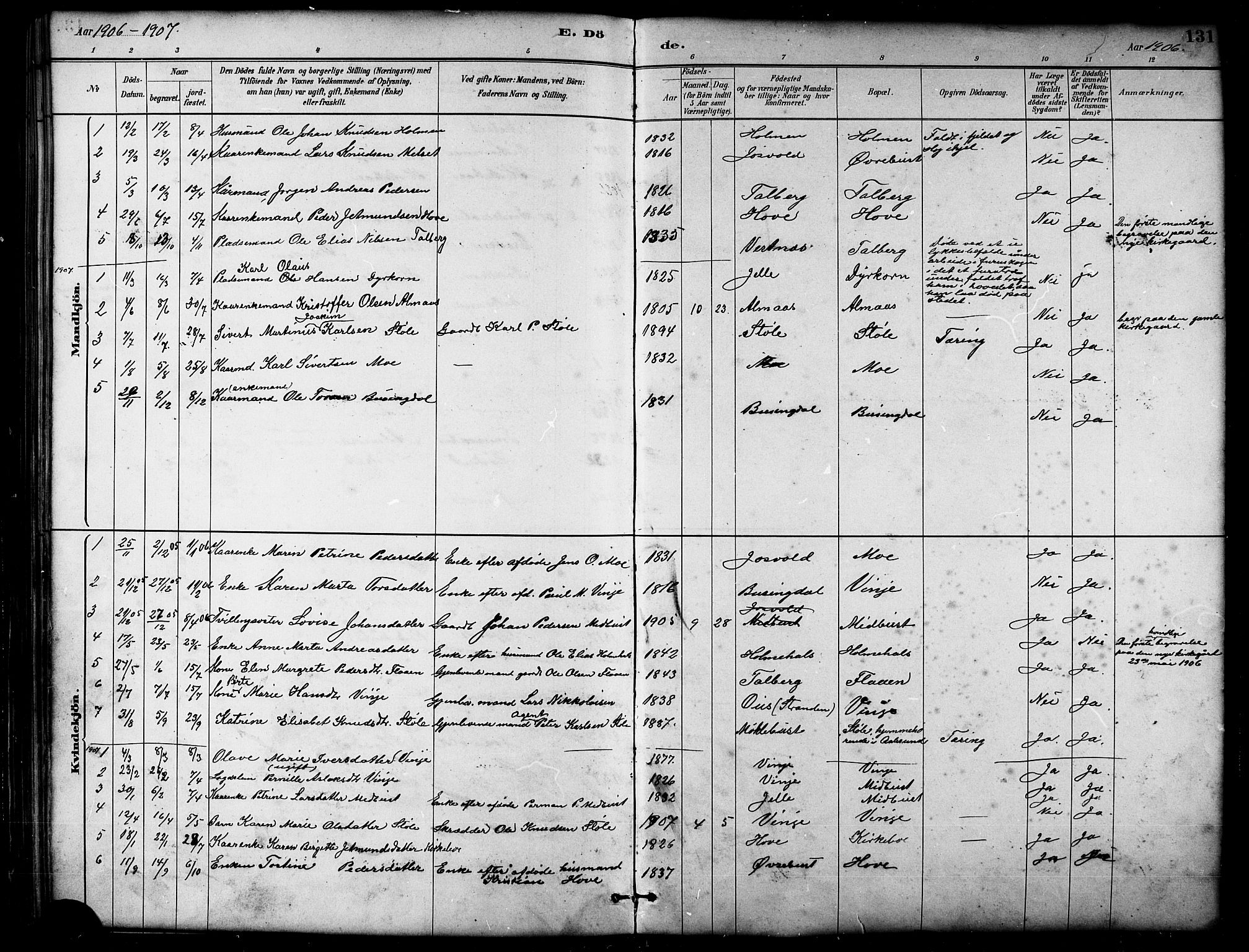 Ministerialprotokoller, klokkerbøker og fødselsregistre - Møre og Romsdal, SAT/A-1454/521/L0302: Parish register (copy) no. 521C03, 1882-1907, p. 131
