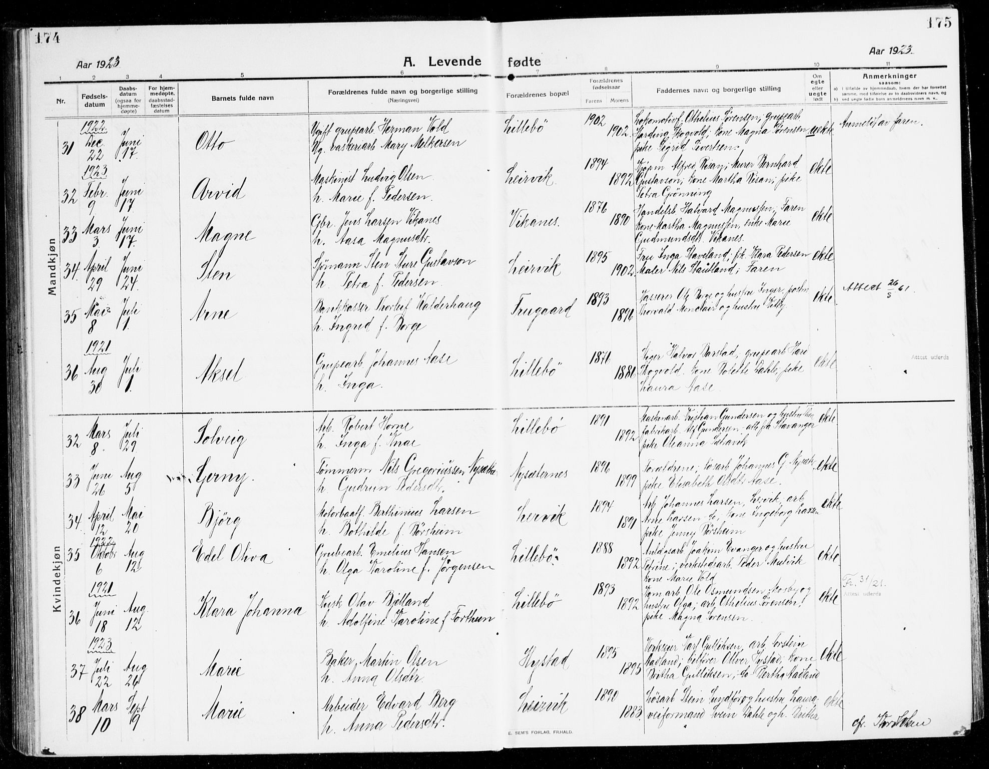 Stord sokneprestembete, SAB/A-78201/H/Haa: Parish register (official) no. B 3, 1913-1925, p. 174-175