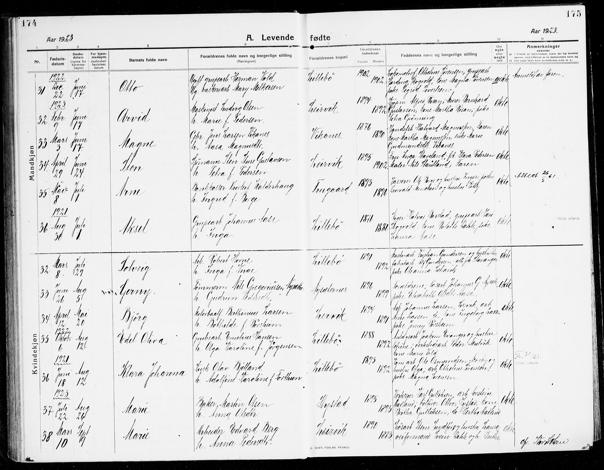 Stord sokneprestembete, AV/SAB-A-78201/H/Haa: Parish register (official) no. B 3, 1913-1925, p. 174-175