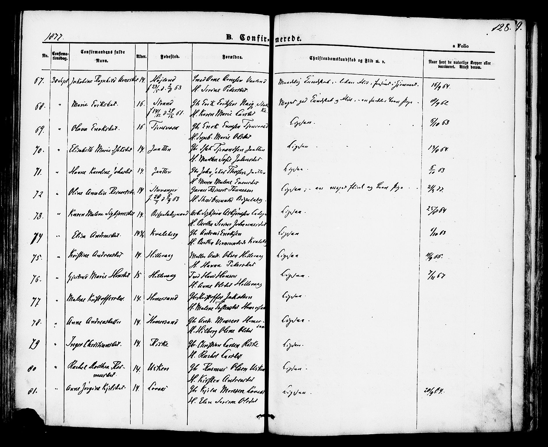 Hetland sokneprestkontor, AV/SAST-A-101826/30/30BA/L0004: Parish register (official) no. A 4, 1862-1881, p. 128