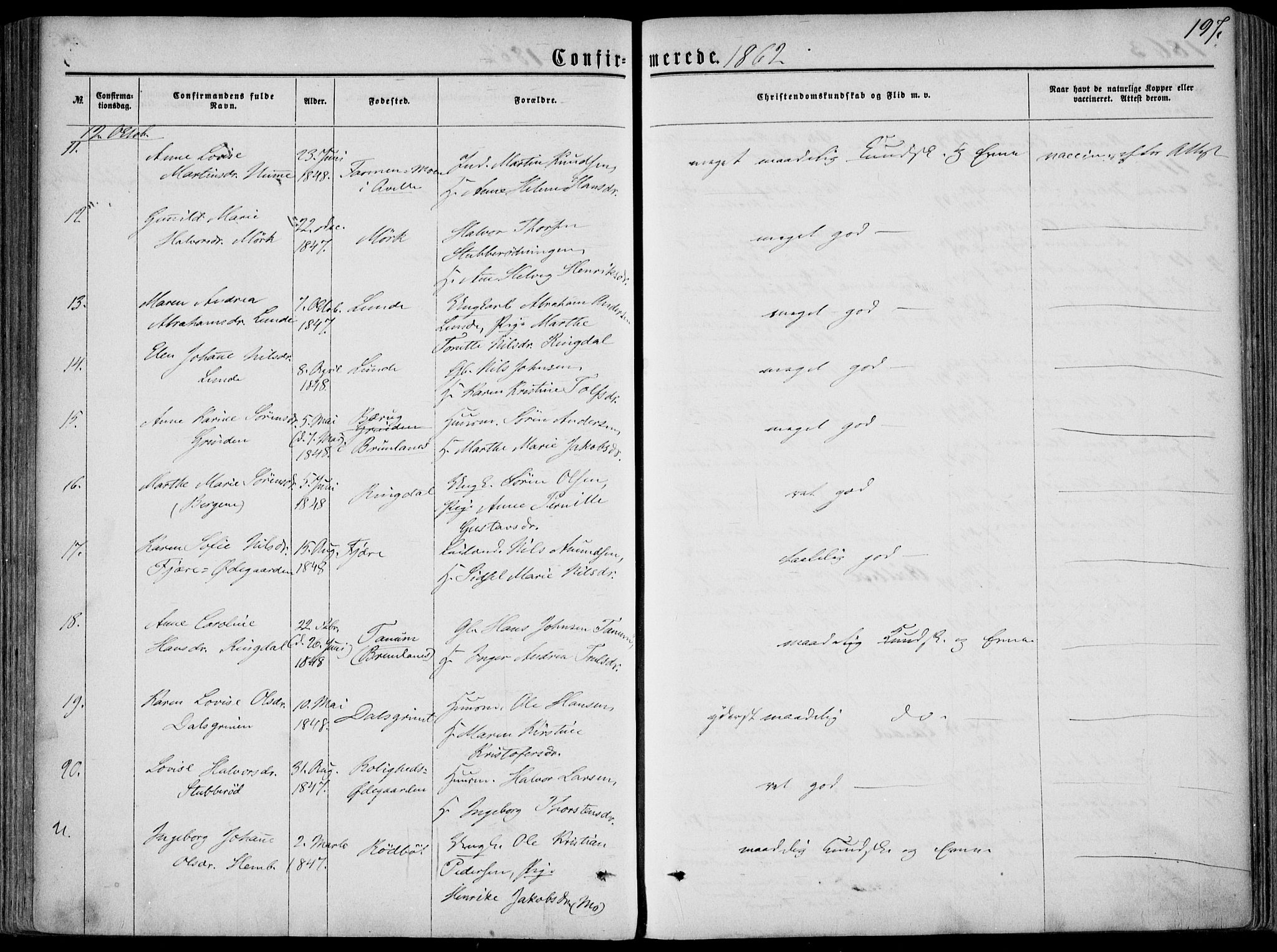 Hedrum kirkebøker, AV/SAKO-A-344/F/Fa/L0007: Parish register (official) no. I 7, 1857-1868, p. 197