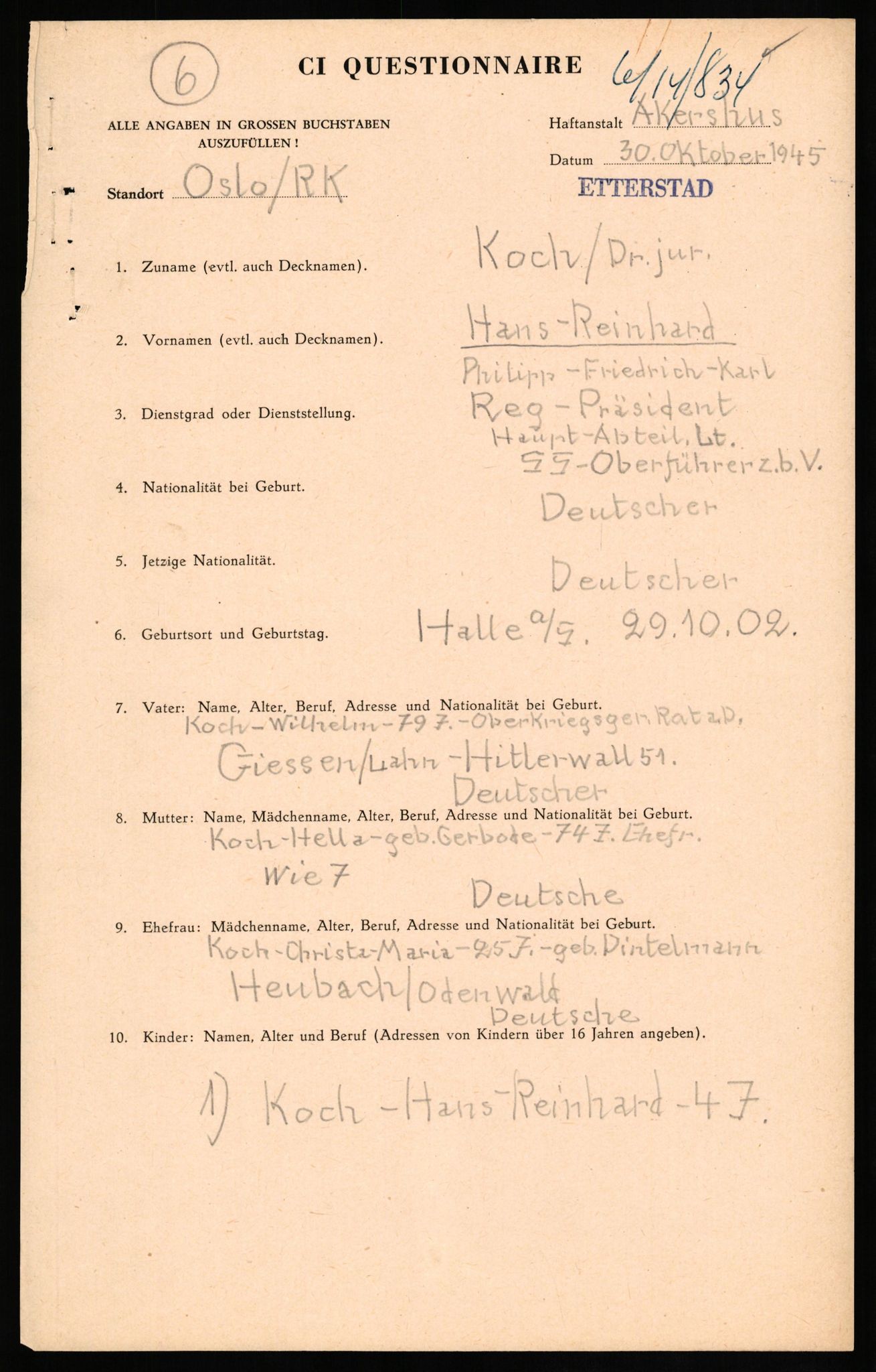 Forsvaret, Forsvarets overkommando II, AV/RA-RAFA-3915/D/Db/L0017: CI Questionaires. Tyske okkupasjonsstyrker i Norge. Tyskere., 1945-1946, p. 227