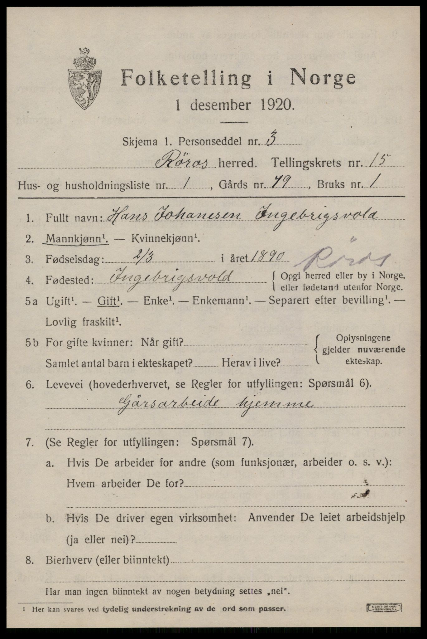 SAT, 1920 census for Røros, 1920, p. 10266