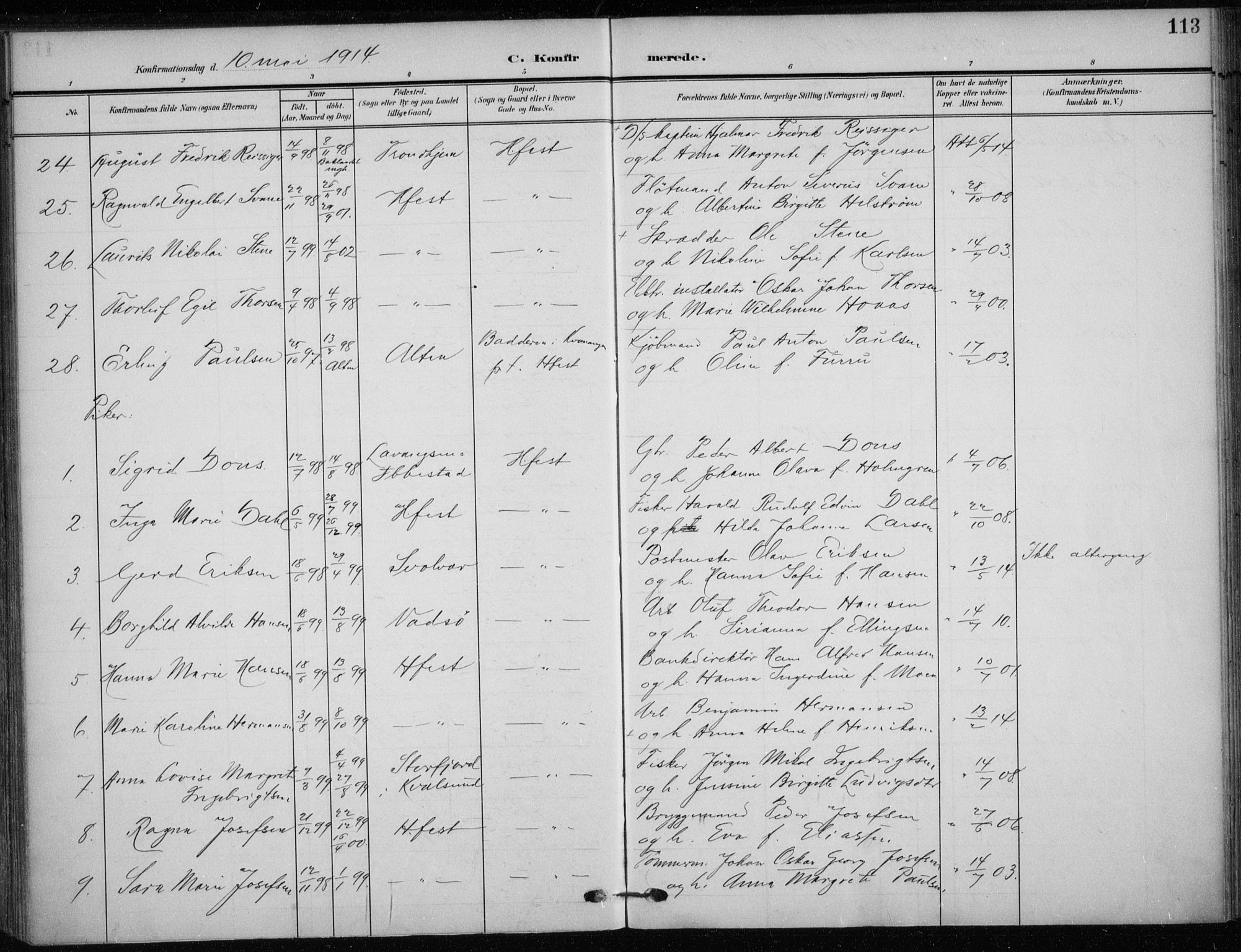 Hammerfest sokneprestkontor, SATØ/S-1347/H/Ha/L0014.kirke: Parish register (official) no. 14, 1906-1916, p. 113