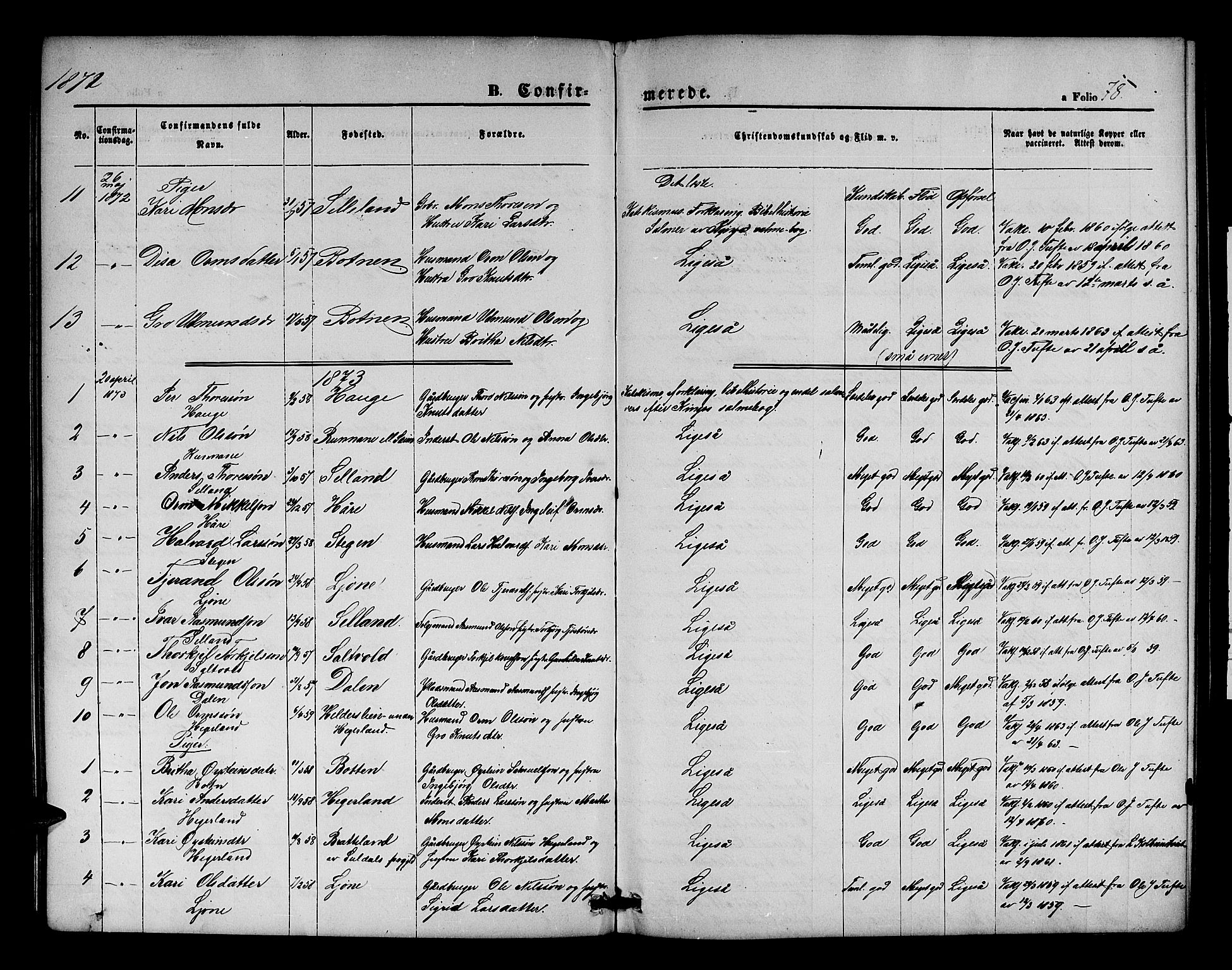 Røldal sokneprestembete, SAB/A-100247: Parish register (copy) no. A 2, 1861-1886, p. 78