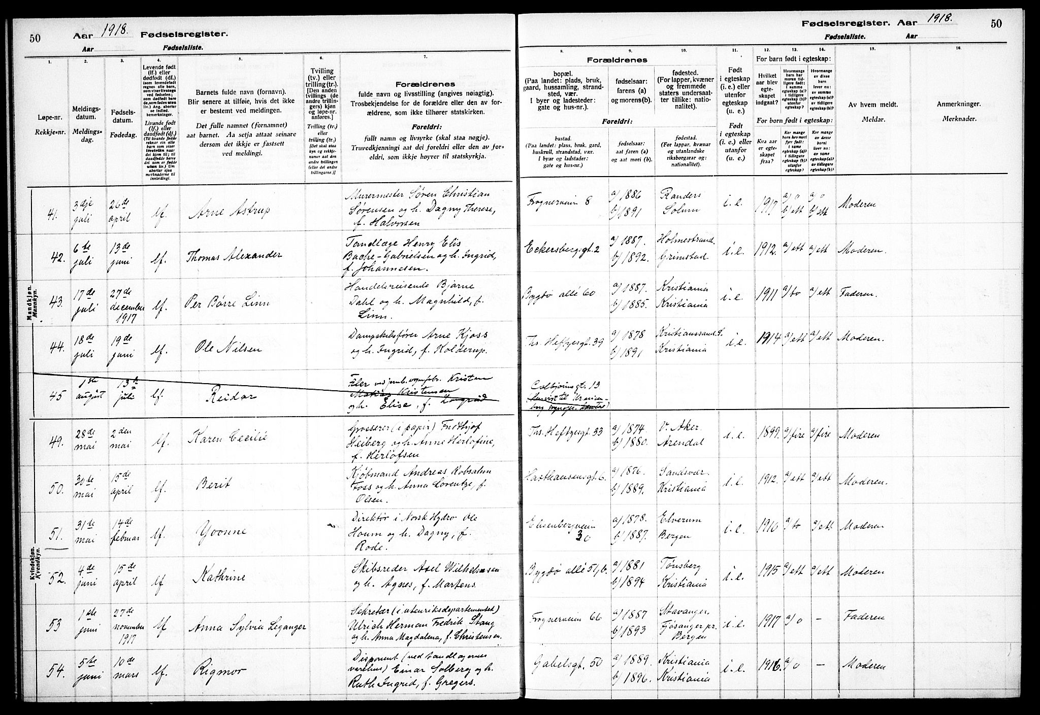 Frogner prestekontor Kirkebøker, AV/SAO-A-10886/J/Ja/L0001: Birth register no. 1, 1916-1927, p. 50