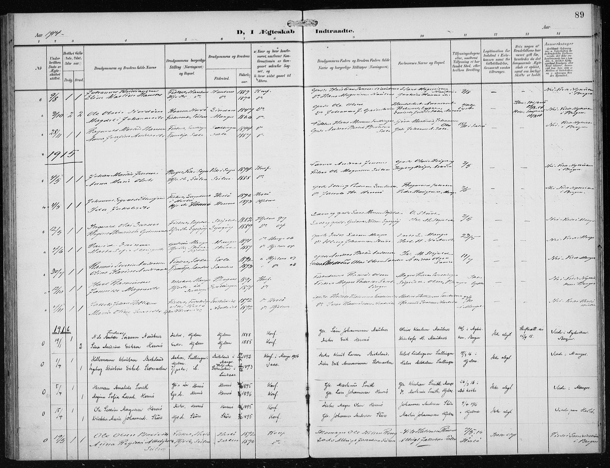 Herdla Sokneprestembete, AV/SAB-A-75701/H/Haa: Parish register (official) no. B 1, 1902-1921, p. 89