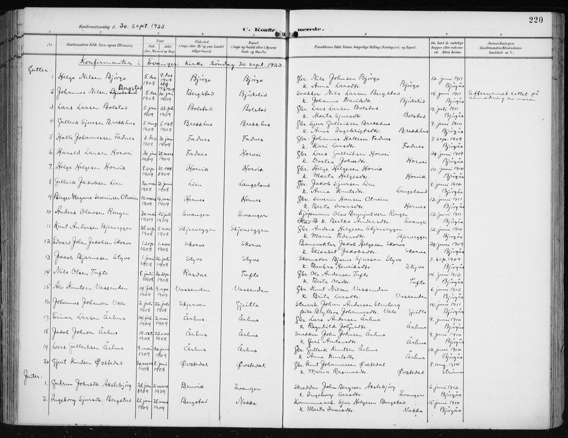Evanger sokneprestembete, SAB/A-99924: Parish register (official) no. A  3, 1900-1930, p. 220