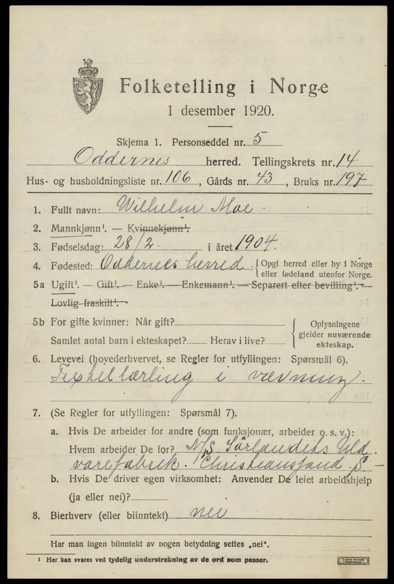 SAK, 1920 census for Oddernes, 1920, p. 9851