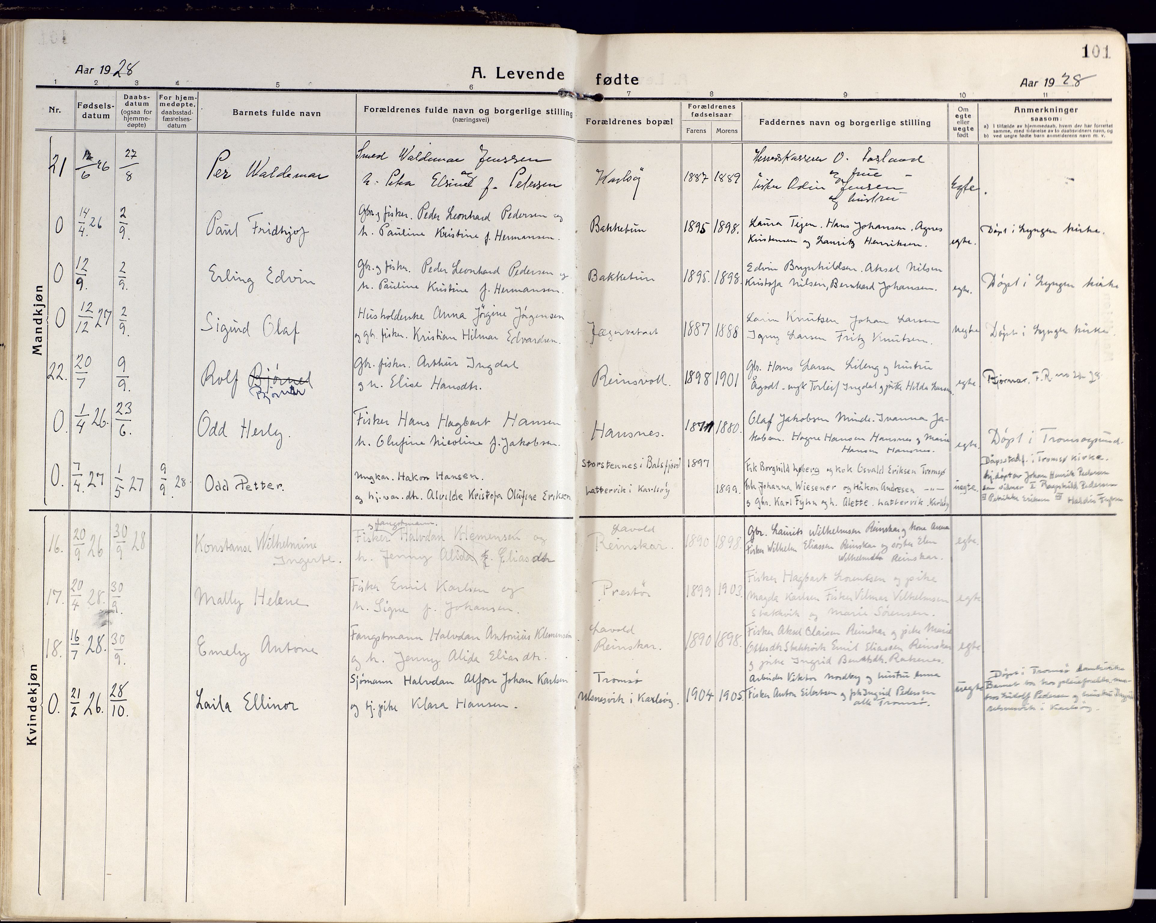Karlsøy sokneprestembete, AV/SATØ-S-1299/H/Ha/Haa/L0015kirke: Parish register (official) no. 15, 1918-1929, p. 101