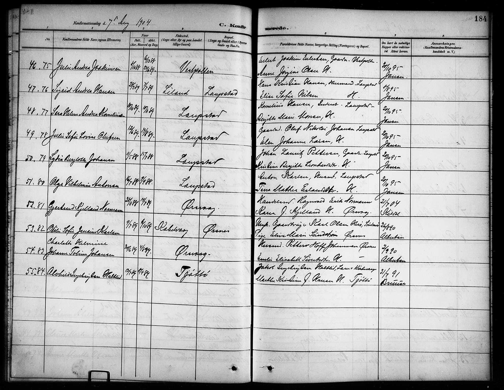 Ministerialprotokoller, klokkerbøker og fødselsregistre - Nordland, AV/SAT-A-1459/874/L1078: Parish register (copy) no. 874C07, 1900-1907, p. 184