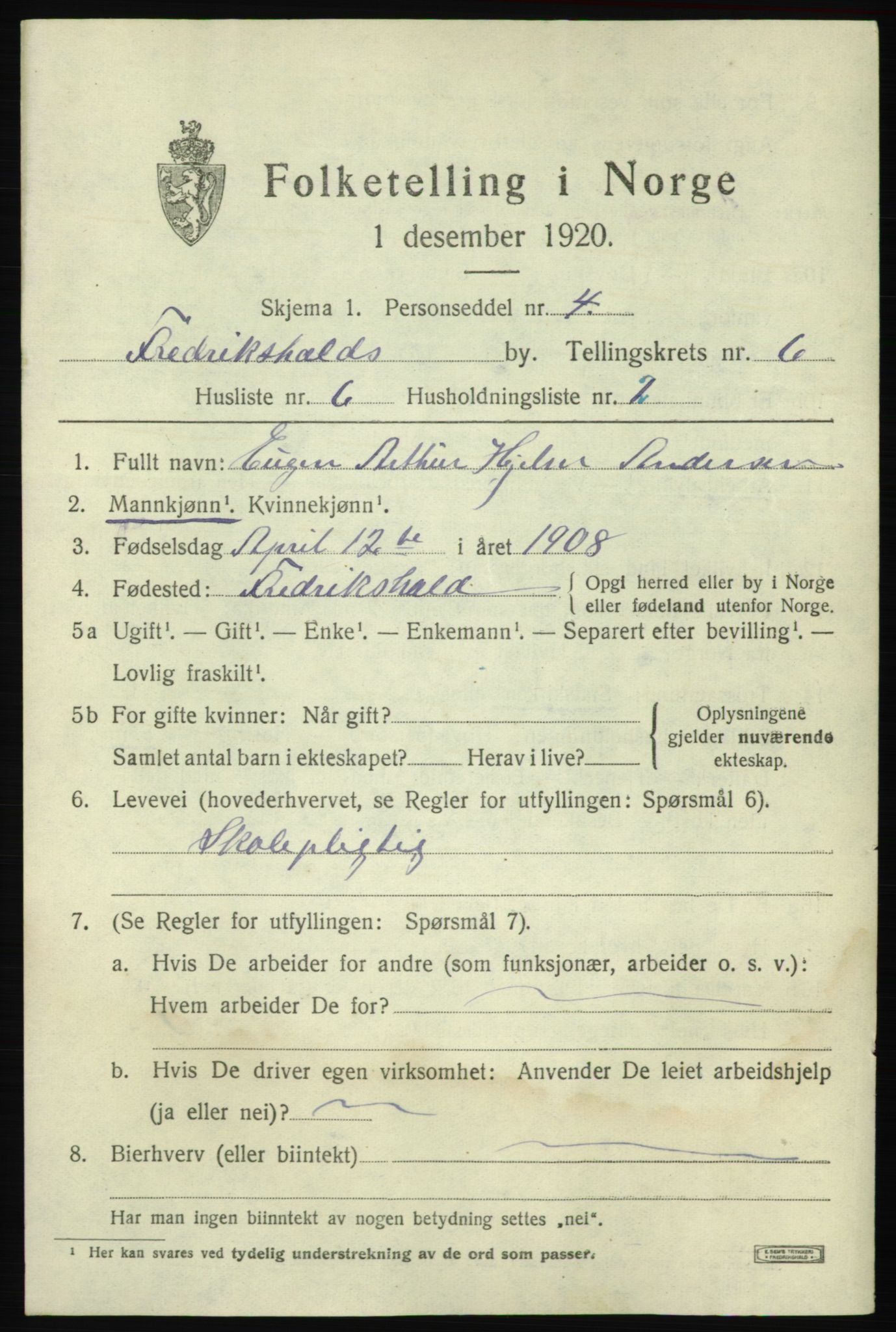 SAO, 1920 census for Fredrikshald, 1920, p. 12906