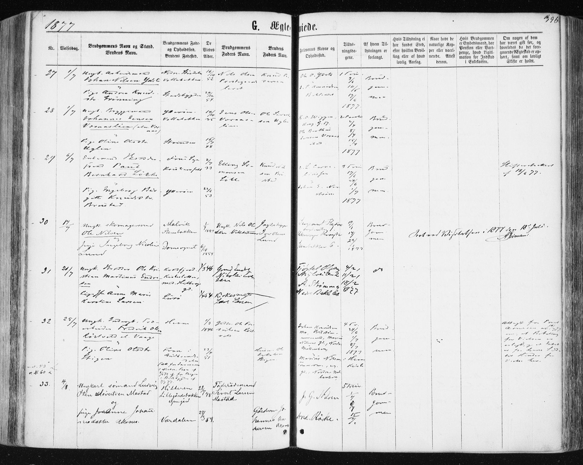 Ministerialprotokoller, klokkerbøker og fødselsregistre - Sør-Trøndelag, SAT/A-1456/604/L0186: Parish register (official) no. 604A07, 1866-1877, p. 396