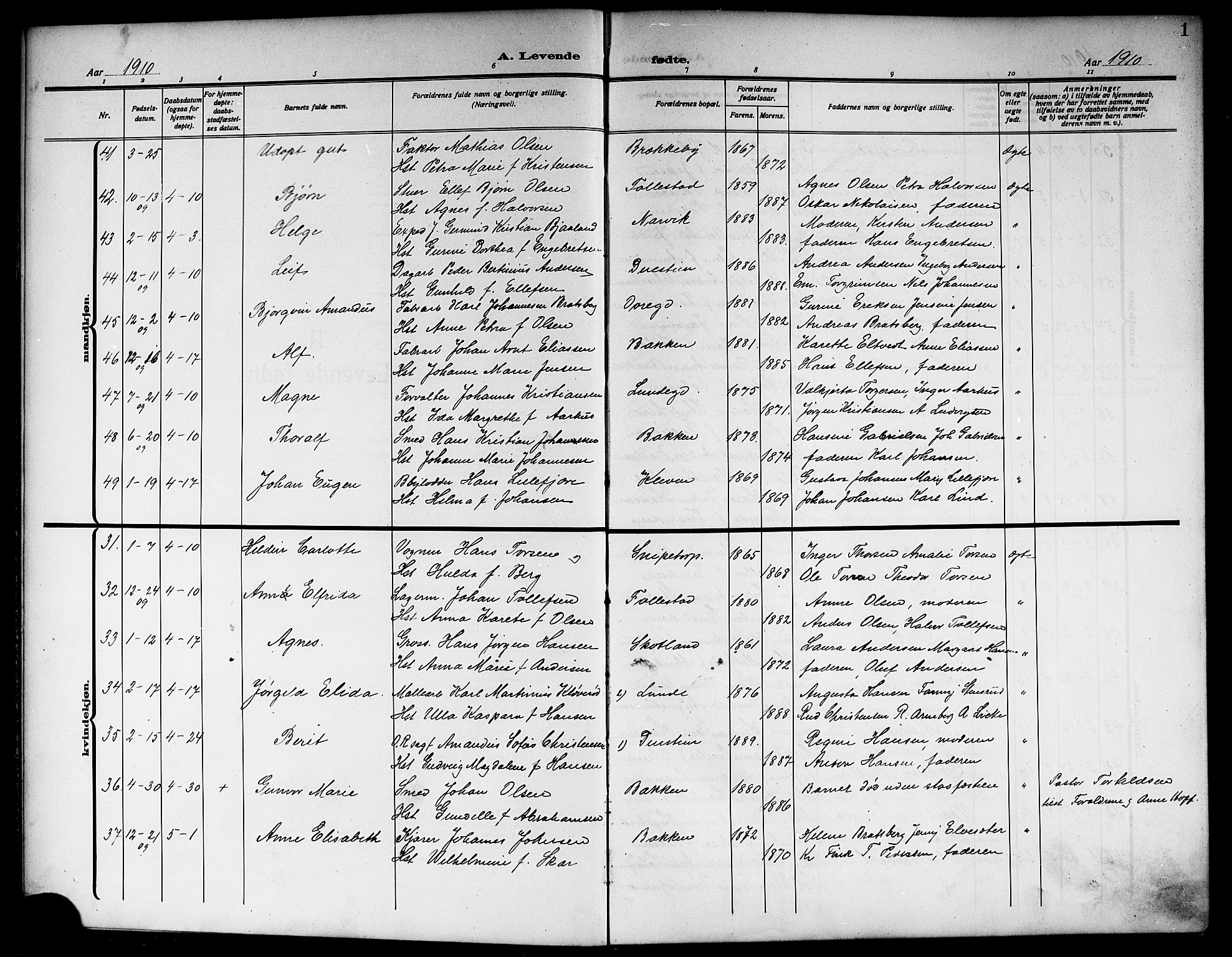 Skien kirkebøker, SAKO/A-302/G/Ga/L0009: Parish register (copy) no. 9, 1910-1920, p. 1