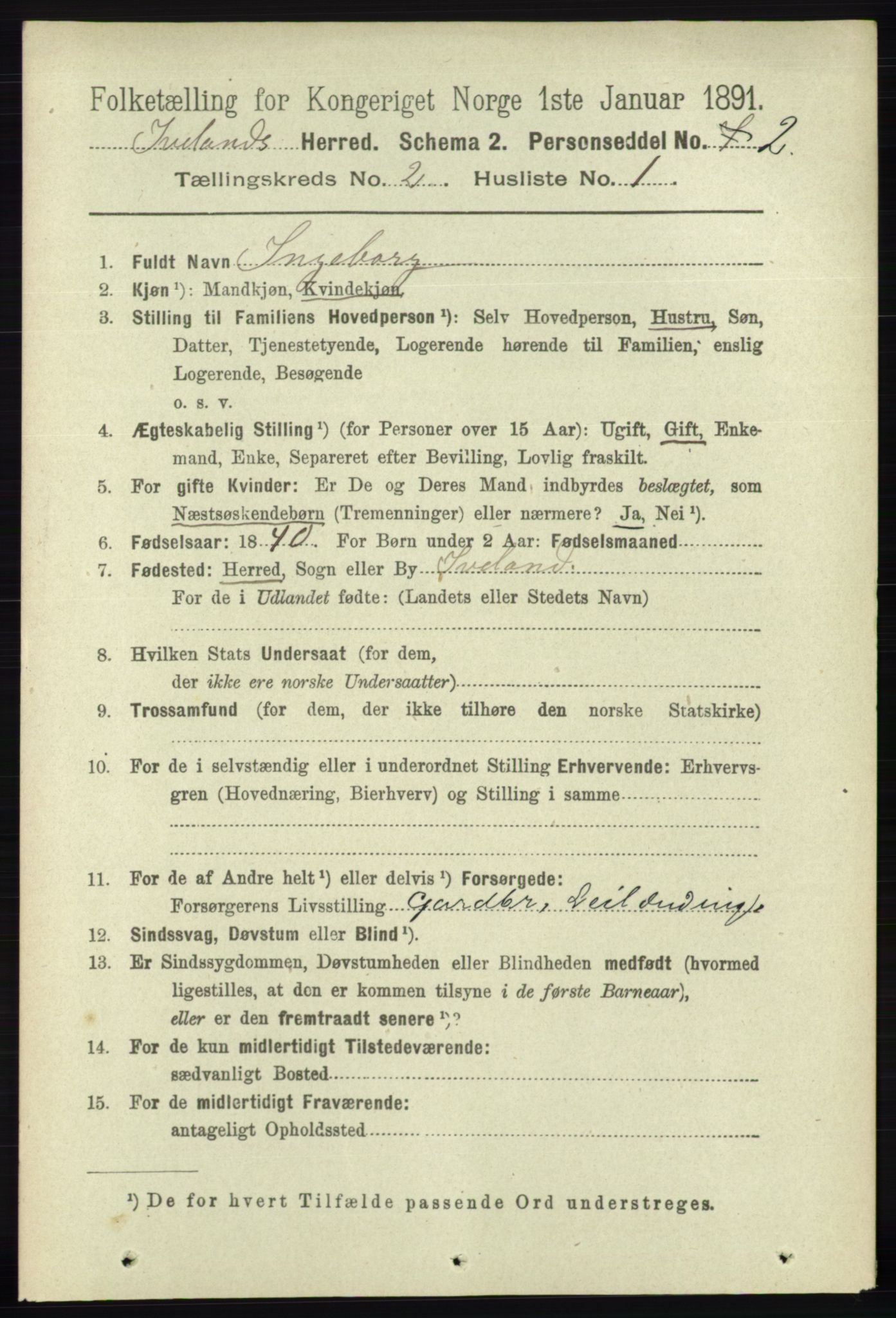 RA, 1891 census for 0935 Iveland, 1891, p. 407