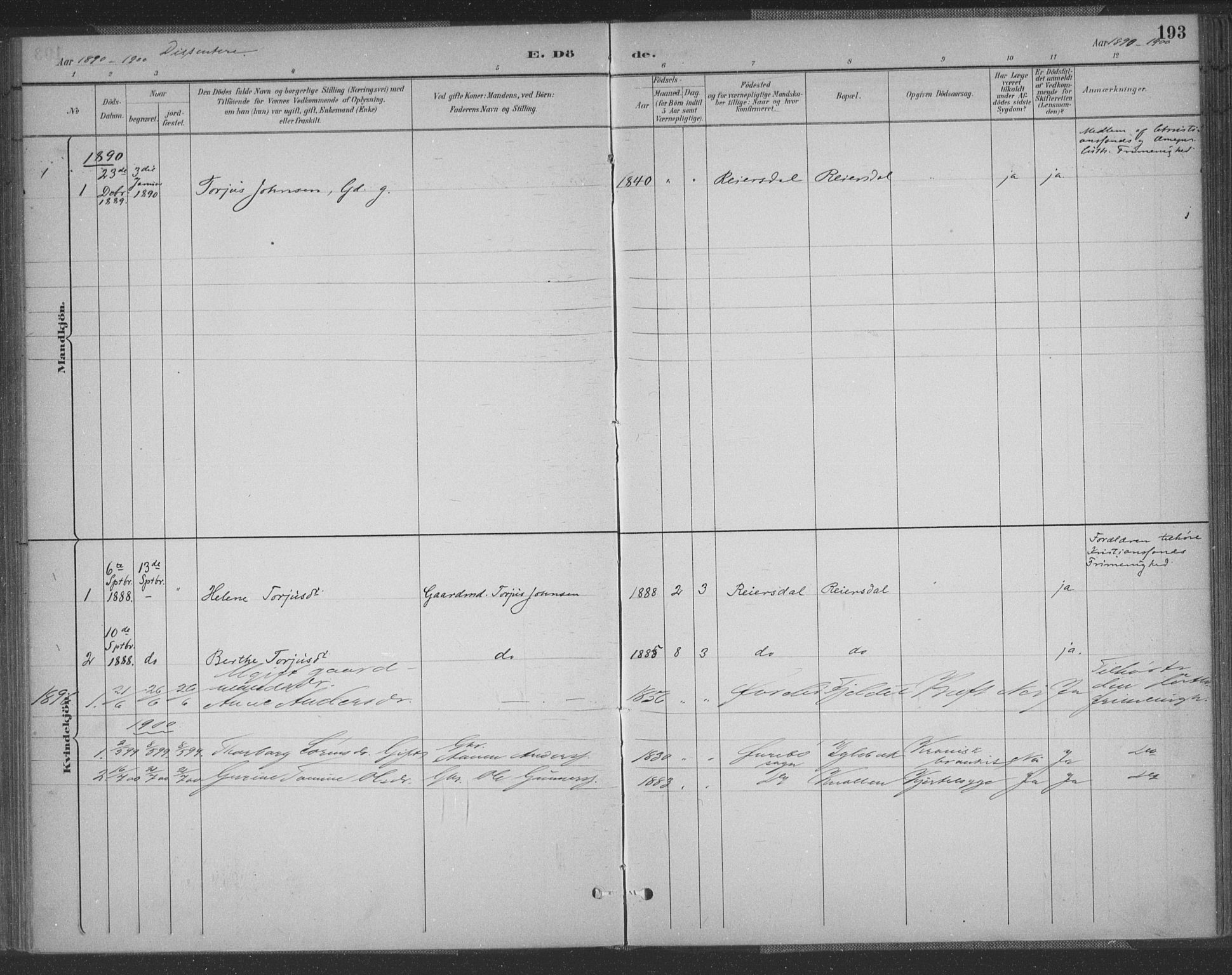Vennesla sokneprestkontor, SAK/1111-0045/Fa/Fac/L0009: Parish register (official) no. A 9, 1884-1901, p. 193