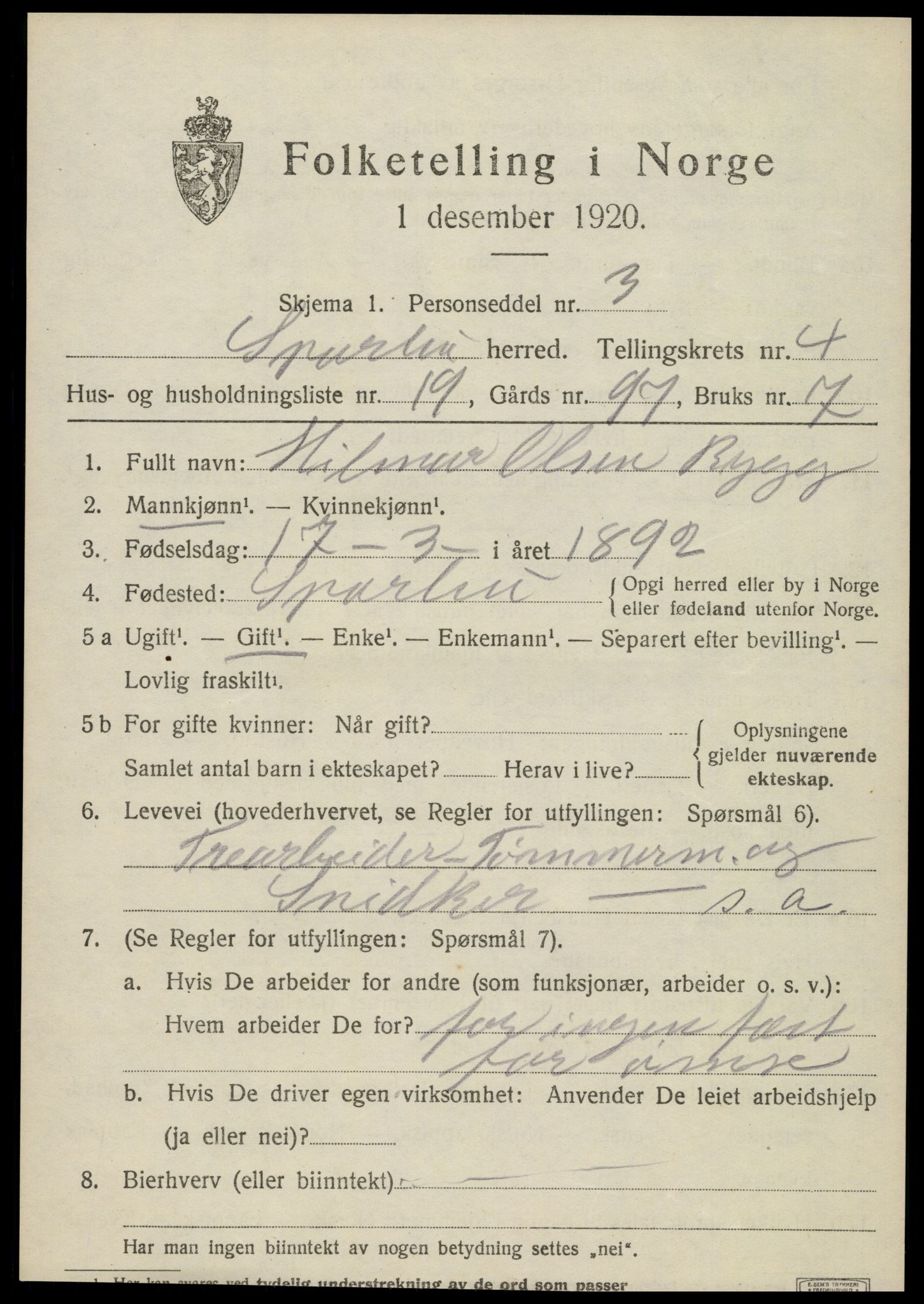 SAT, 1920 census for Sparbu, 1920, p. 5383