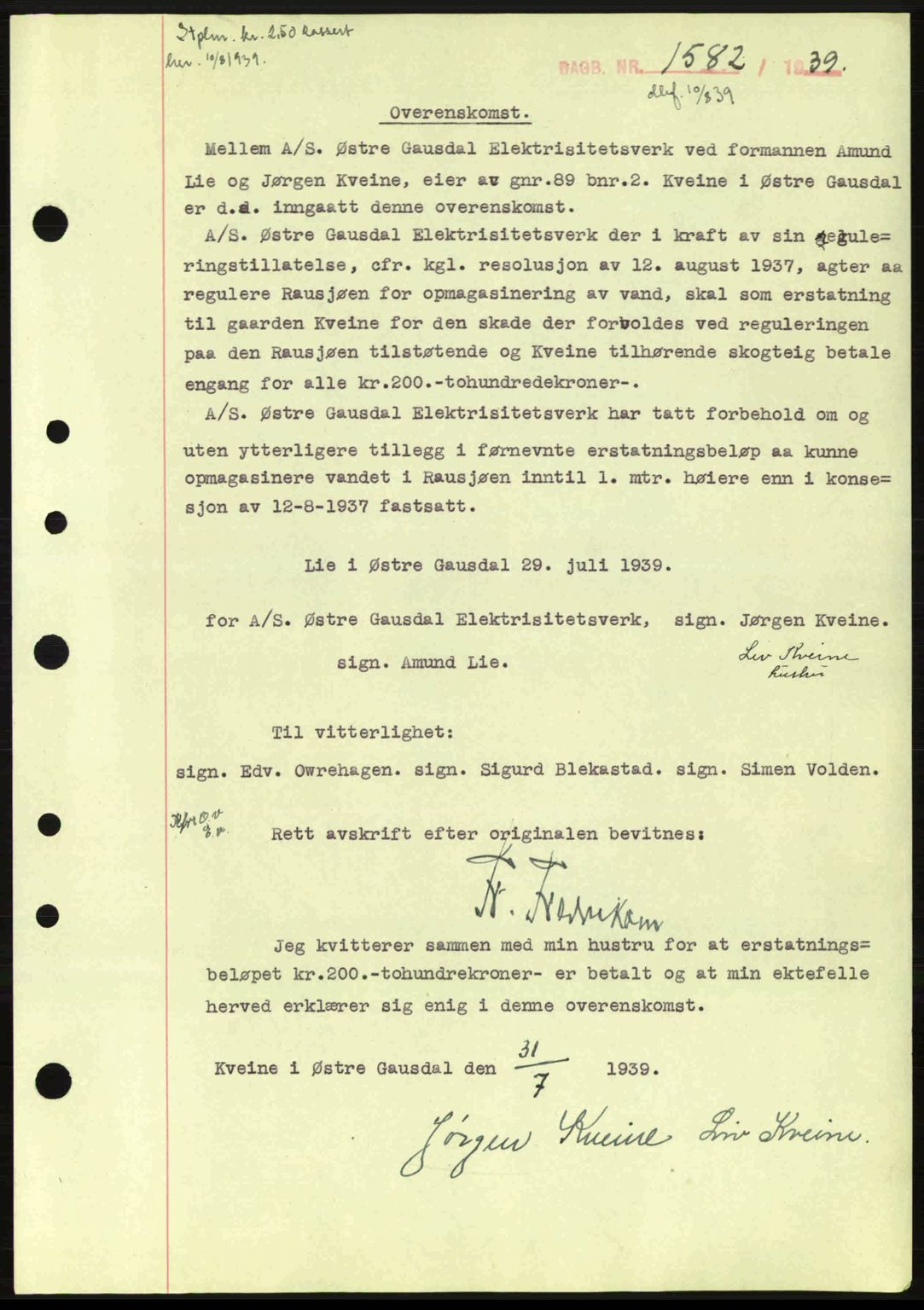 Sør-Gudbrandsdal tingrett, SAH/TING-004/H/Hb/Hbe/L0001: Mortgage book no. B1, 1936-1939, Diary no: : 1582/1939