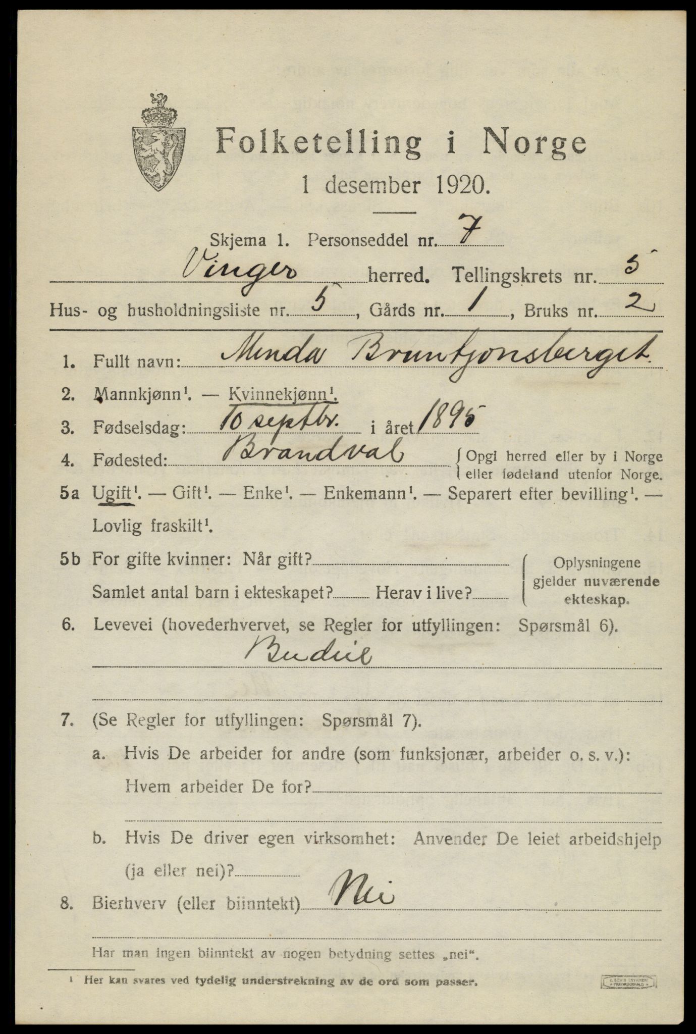 SAH, 1920 census for Vinger, 1920, p. 5740