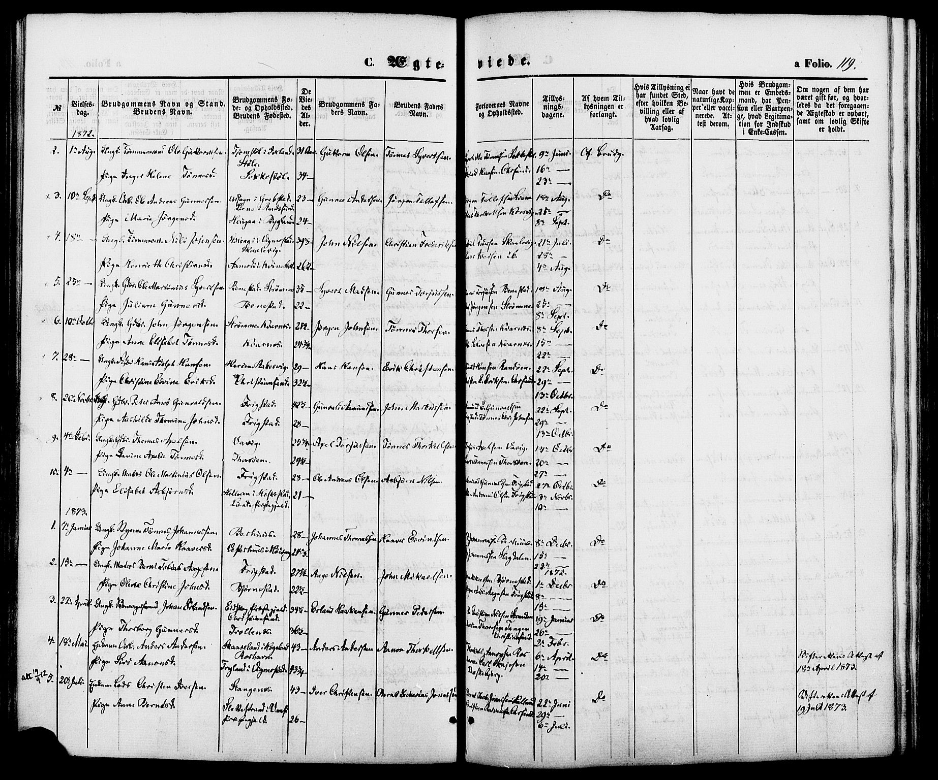 Oddernes sokneprestkontor, SAK/1111-0033/F/Fa/Fab/L0001: Parish register (official) no. A 1, 1865-1884, p. 119