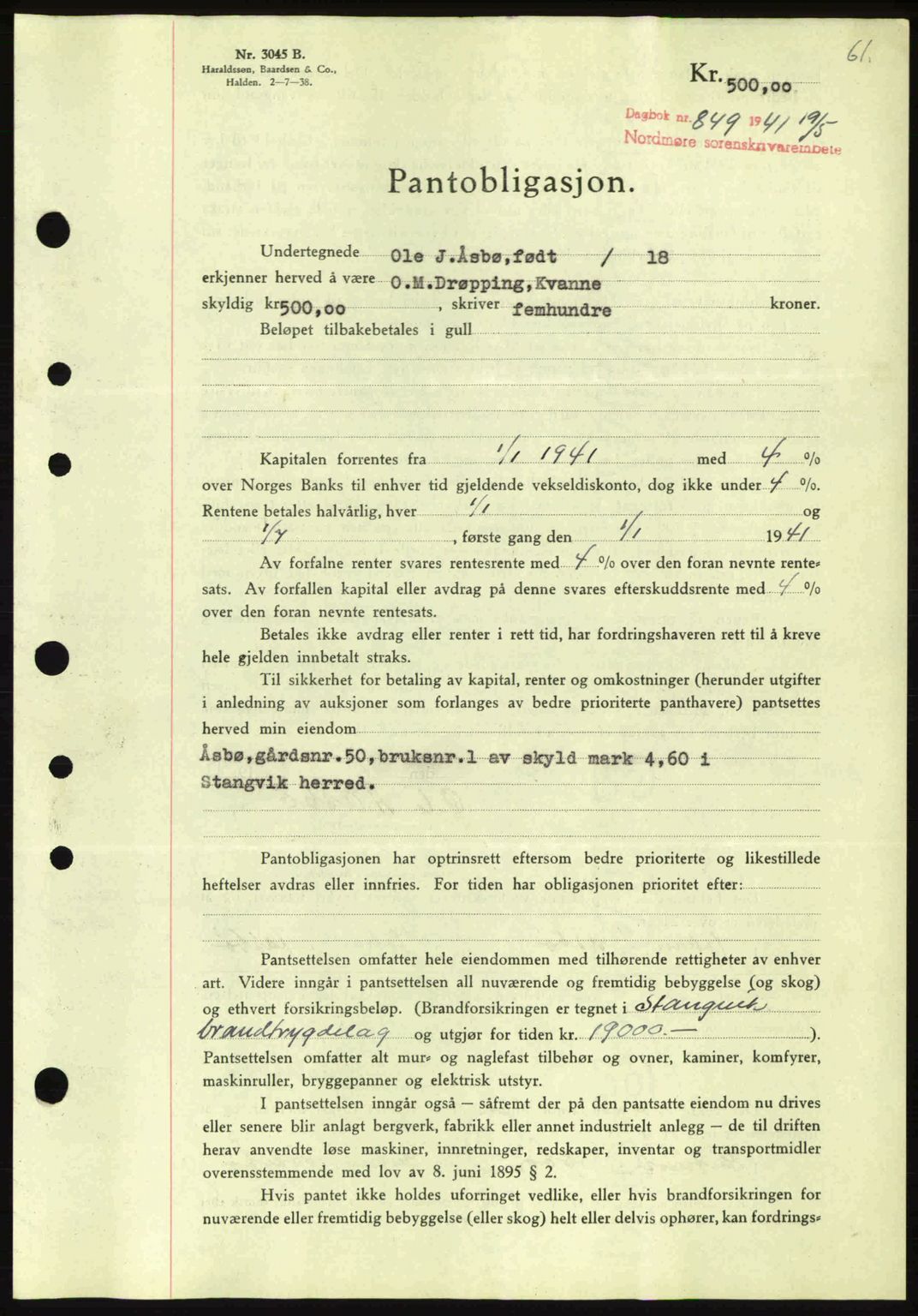 Nordmøre sorenskriveri, AV/SAT-A-4132/1/2/2Ca: Mortgage book no. B88, 1941-1942, Diary no: : 849/1941