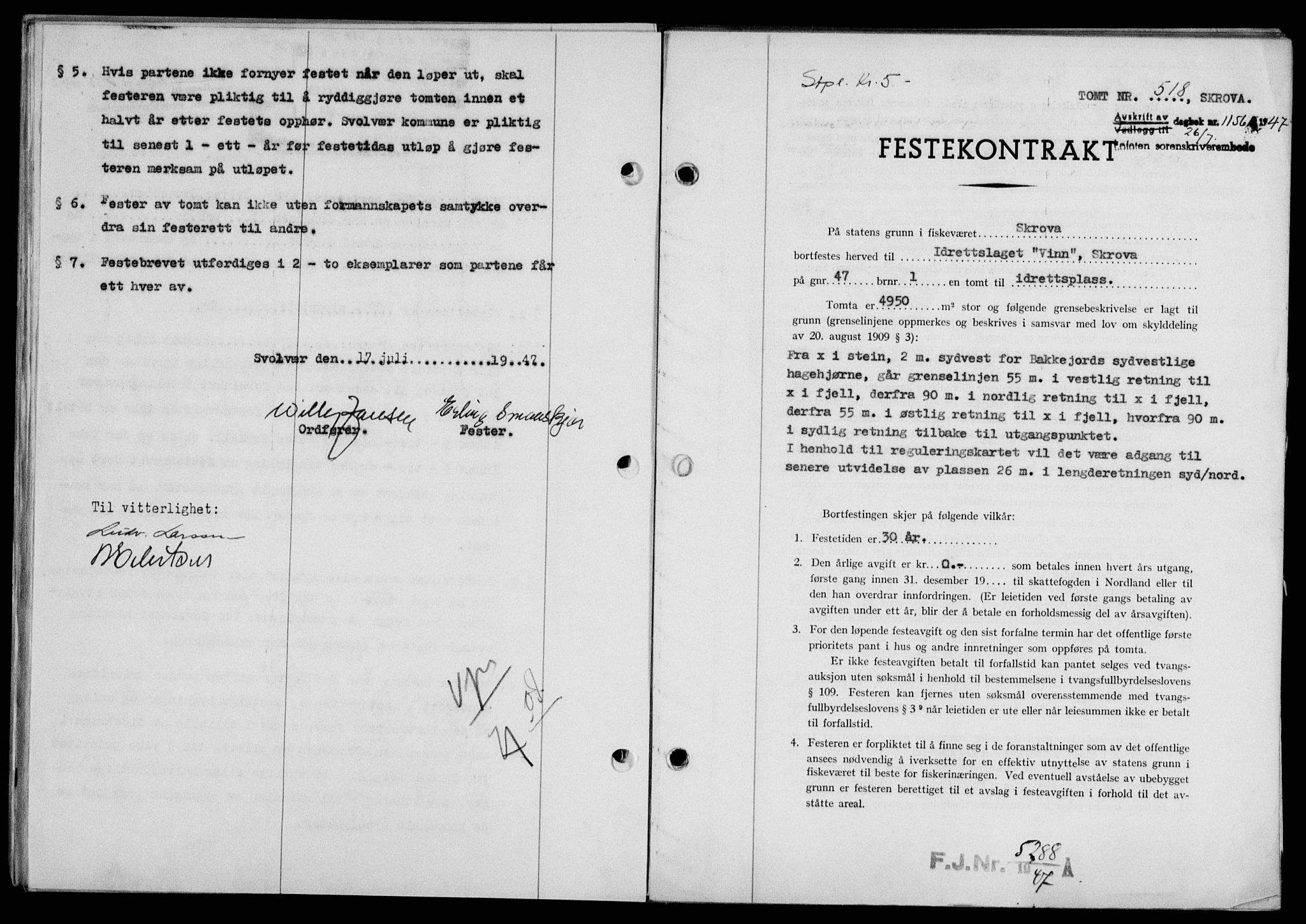 Lofoten sorenskriveri, SAT/A-0017/1/2/2C/L0016a: Mortgage book no. 16a, 1947-1947, Diary no: : 1156/1947