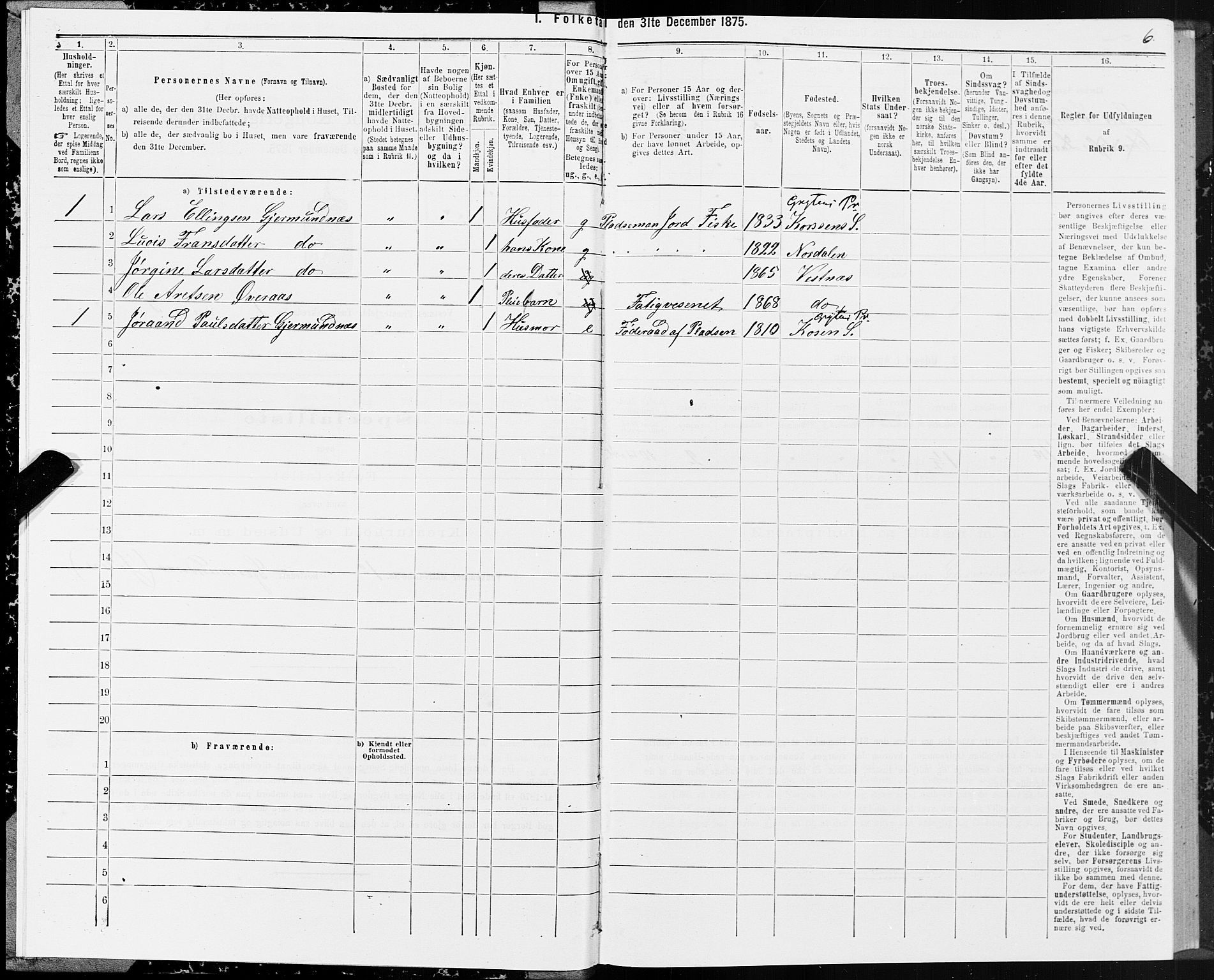 SAT, 1875 census for 1535P Vestnes, 1875, p. 1006