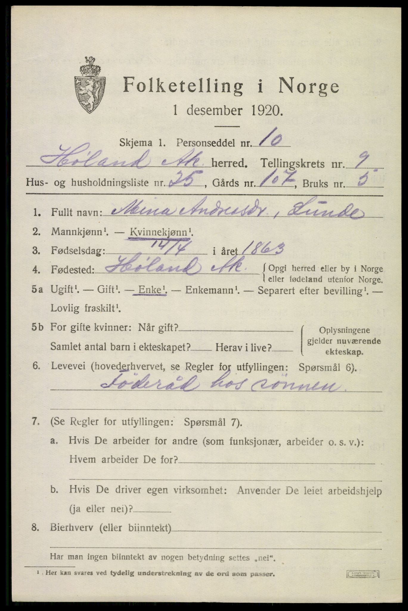 SAO, 1920 census for Høland, 1920, p. 10257