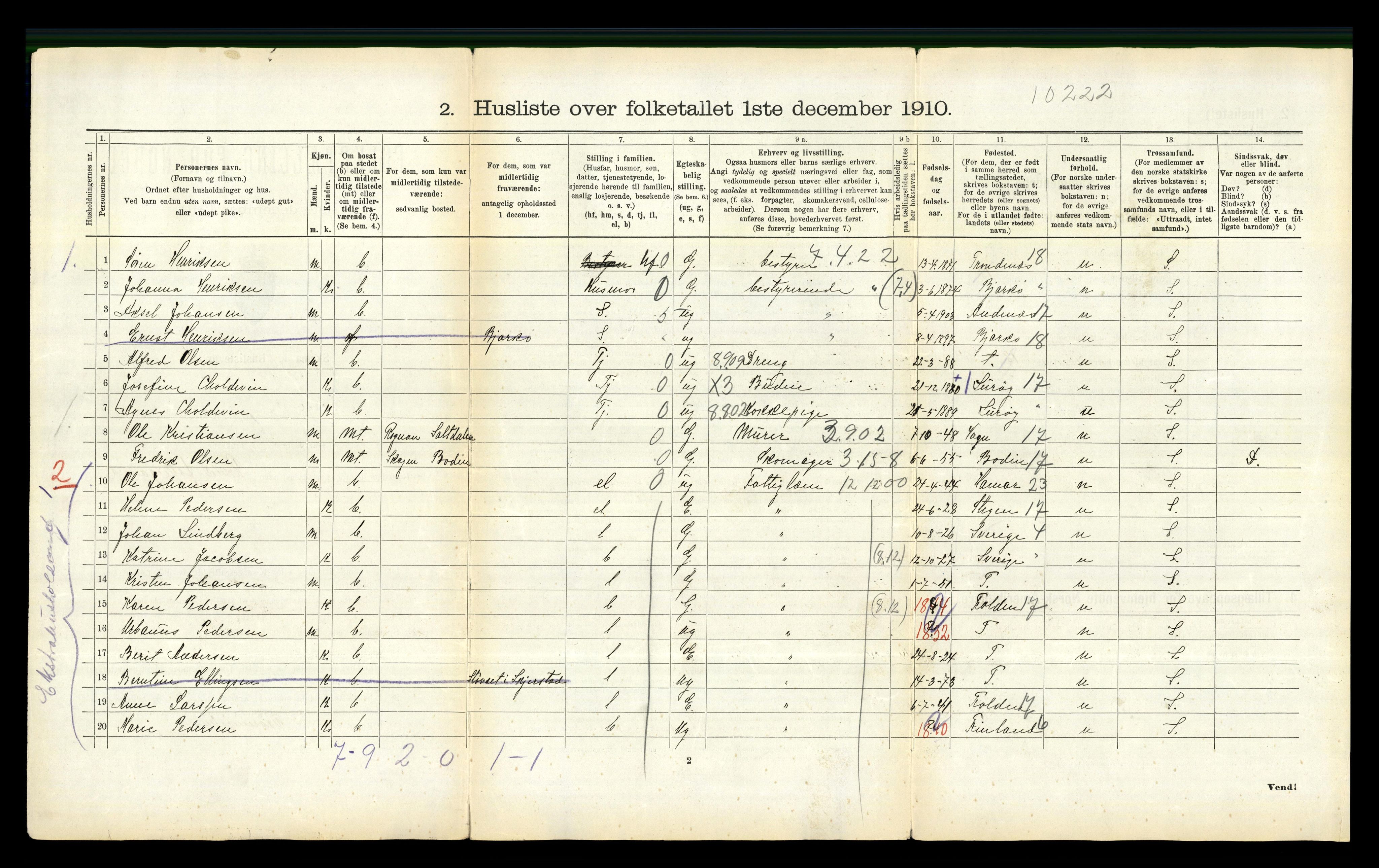 RA, 1910 census for Fauske, 1910, p. 1343