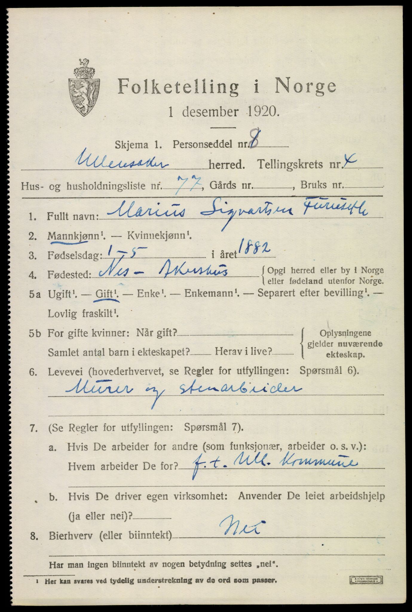 SAO, 1920 census for Ullensaker, 1920, p. 8201