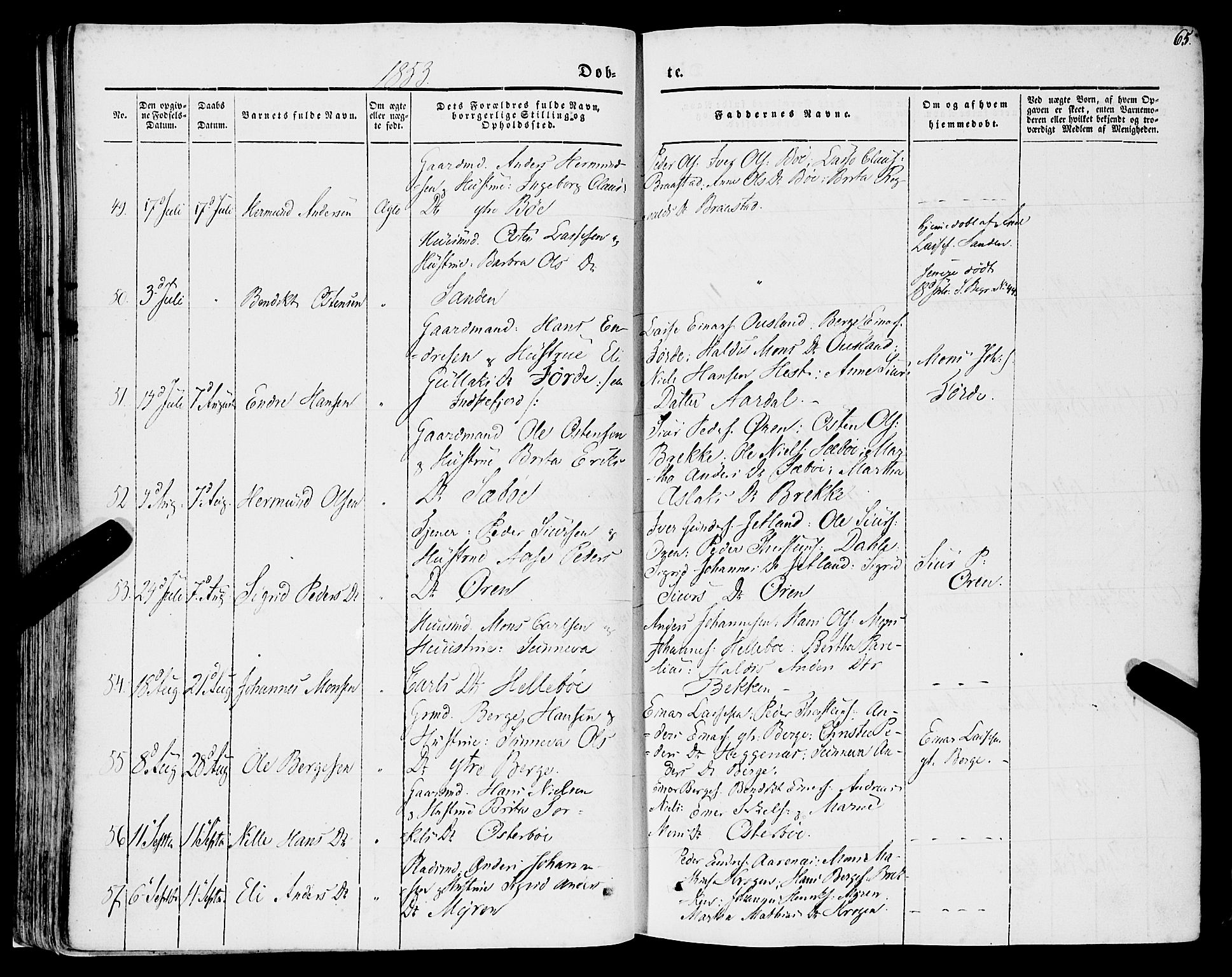 Lavik sokneprestembete, SAB/A-80901: Parish register (official) no. A 3, 1843-1863, p. 65