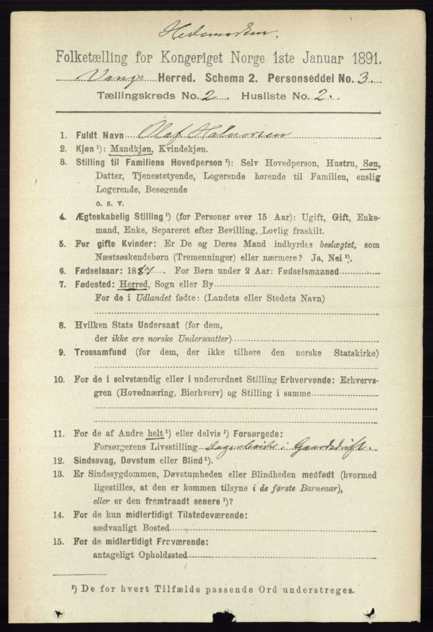 RA, 1891 census for 0414 Vang, 1891, p. 1045