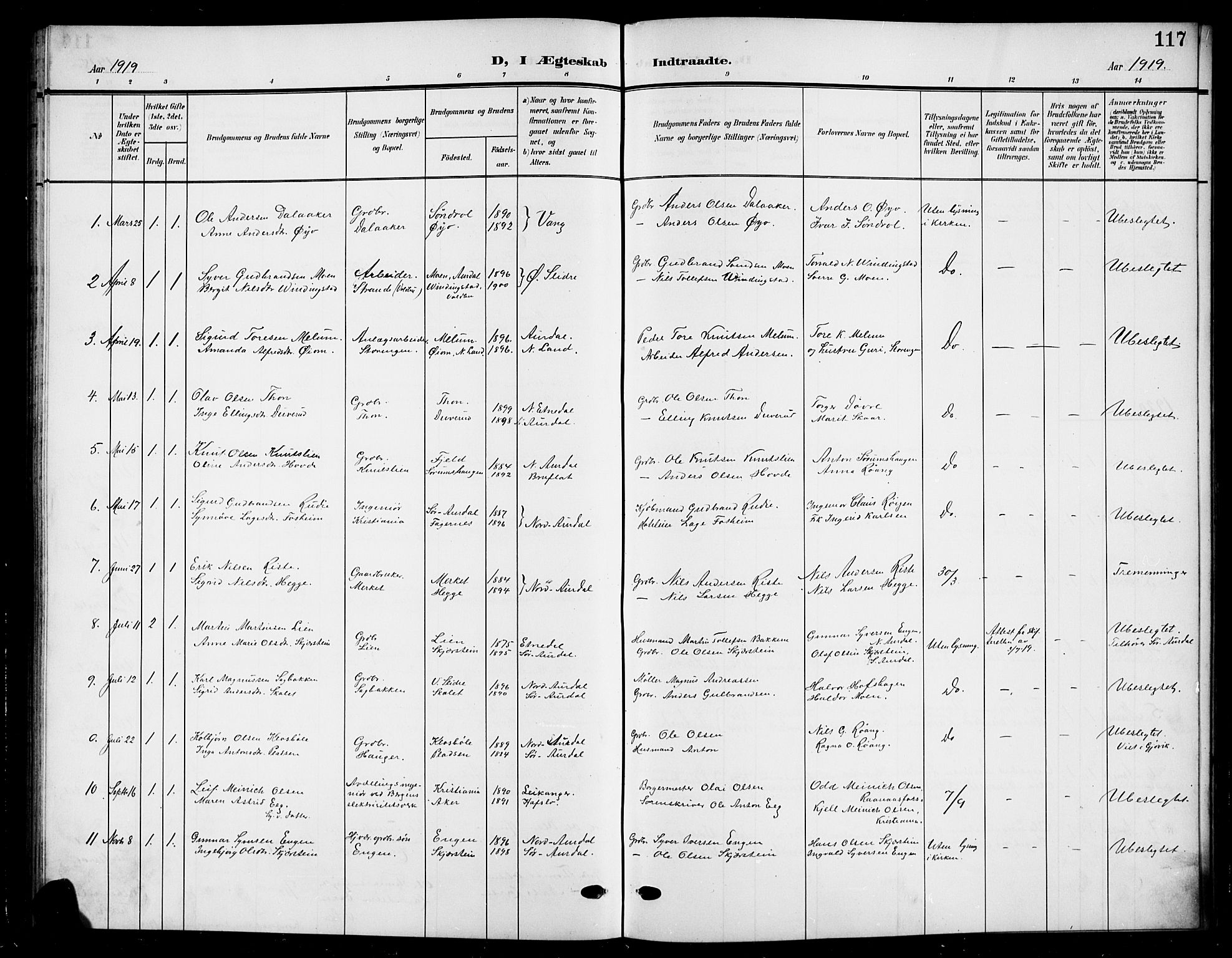 Nord-Aurdal prestekontor, SAH/PREST-132/H/Ha/Hab/L0012: Parish register (copy) no. 12, 1907-1920, p. 117