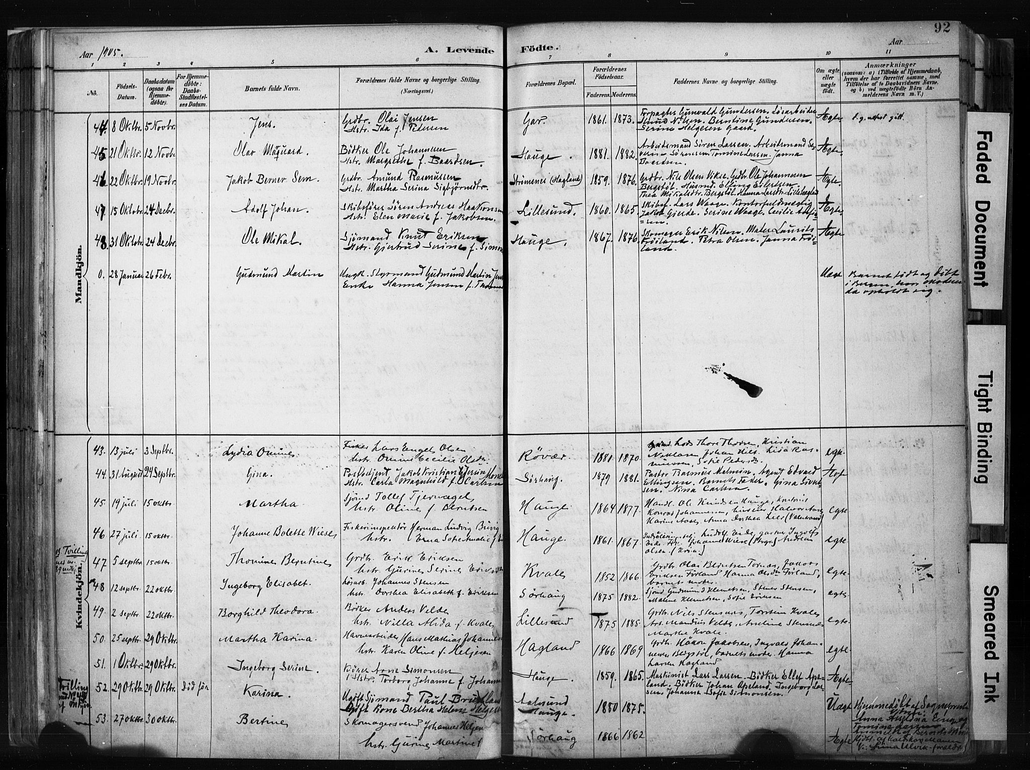 Haugesund sokneprestkontor, AV/SAST-A -101863/H/Ha/Haa/L0004: Parish register (official) no. A 4, 1886-1908, p. 92