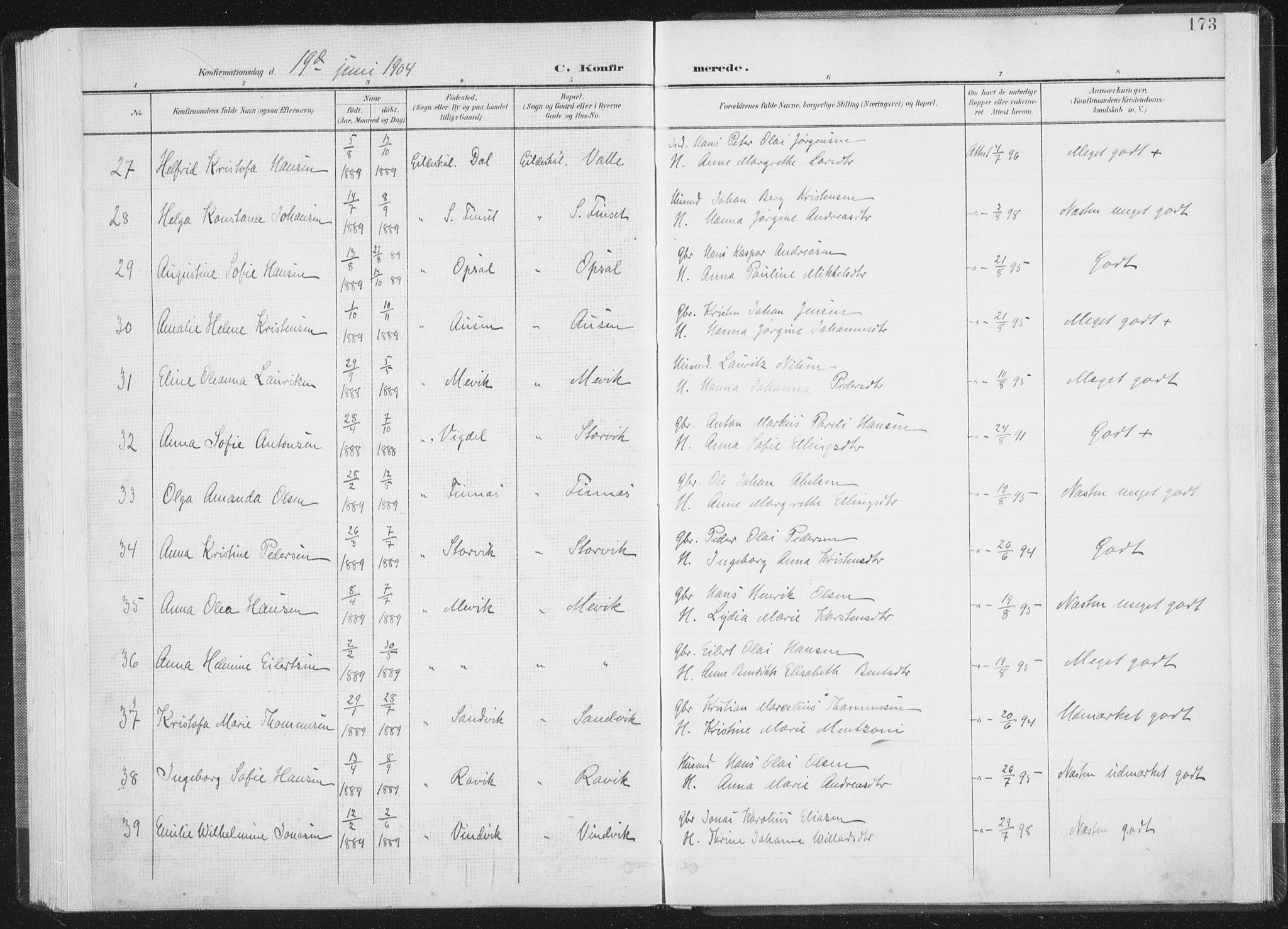 Ministerialprotokoller, klokkerbøker og fødselsregistre - Nordland, AV/SAT-A-1459/805/L0102: Parish register (official) no. 805A08I, 1900-1909, p. 173