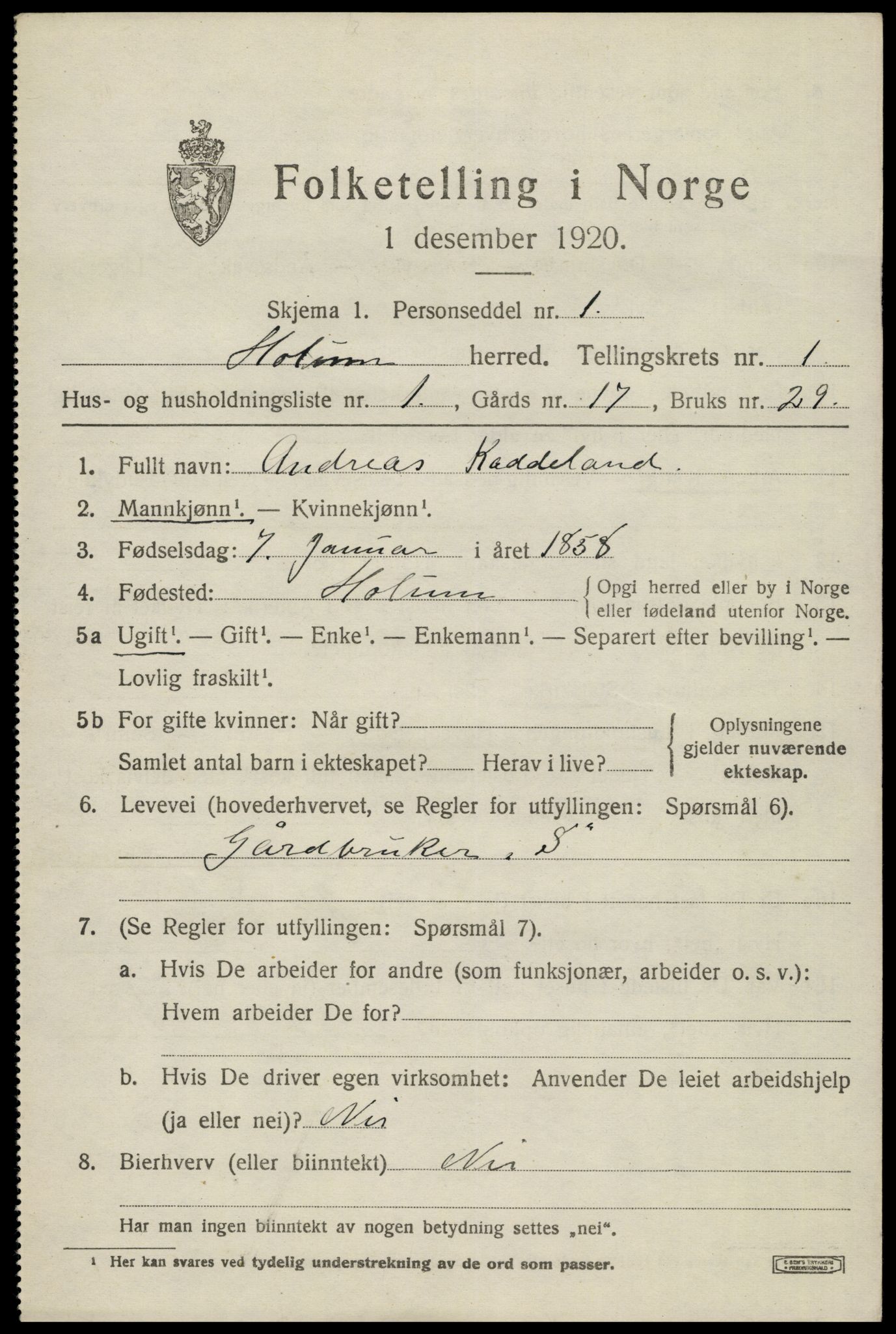 SAK, 1920 census for Holum, 1920, p. 713