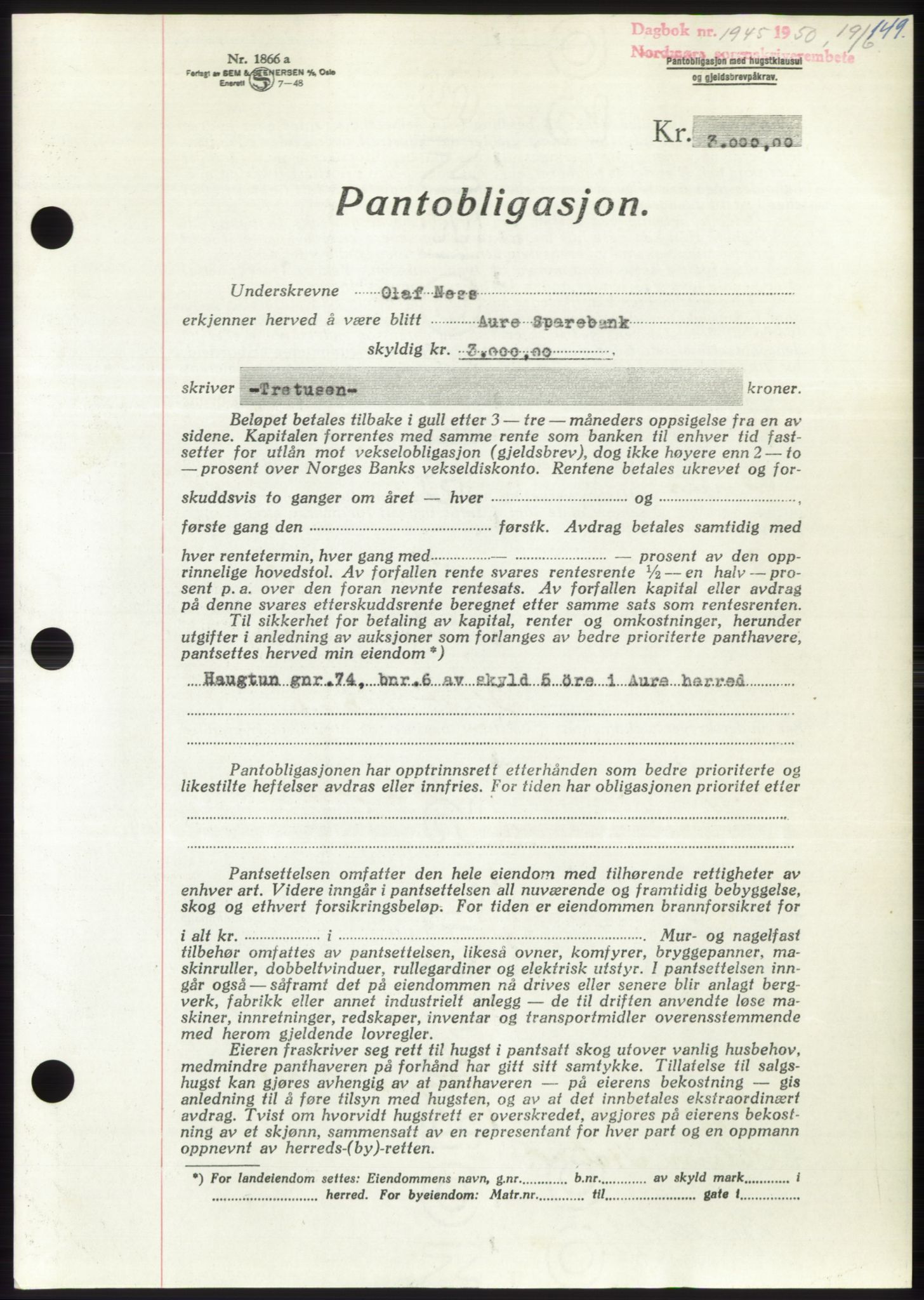 Nordmøre sorenskriveri, AV/SAT-A-4132/1/2/2Ca: Mortgage book no. B105, 1950-1950, Diary no: : 1945/1950