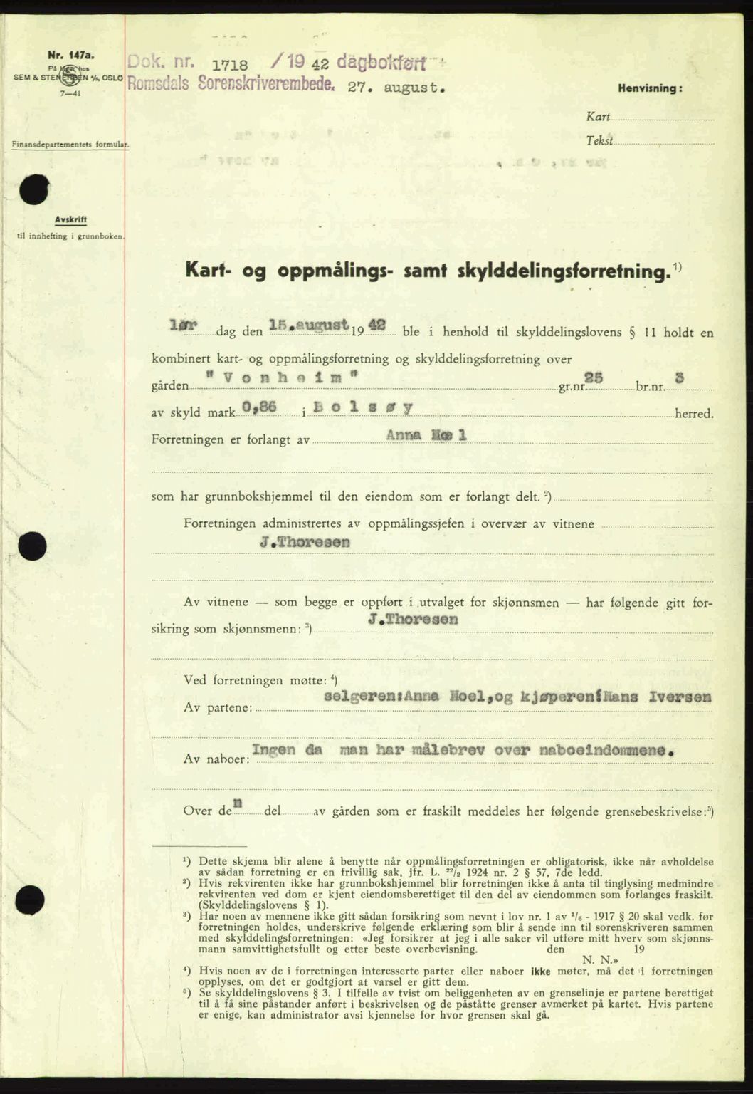 Romsdal sorenskriveri, AV/SAT-A-4149/1/2/2C: Mortgage book no. A12, 1942-1942, Diary no: : 1718/1942