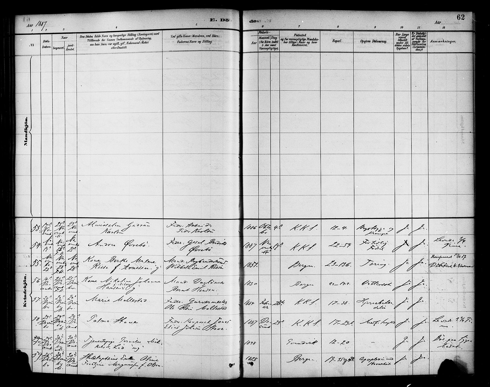 Korskirken sokneprestembete, AV/SAB-A-76101/H/Haa/L0047: Parish register (official) no. E 5, 1884-1910, p. 62