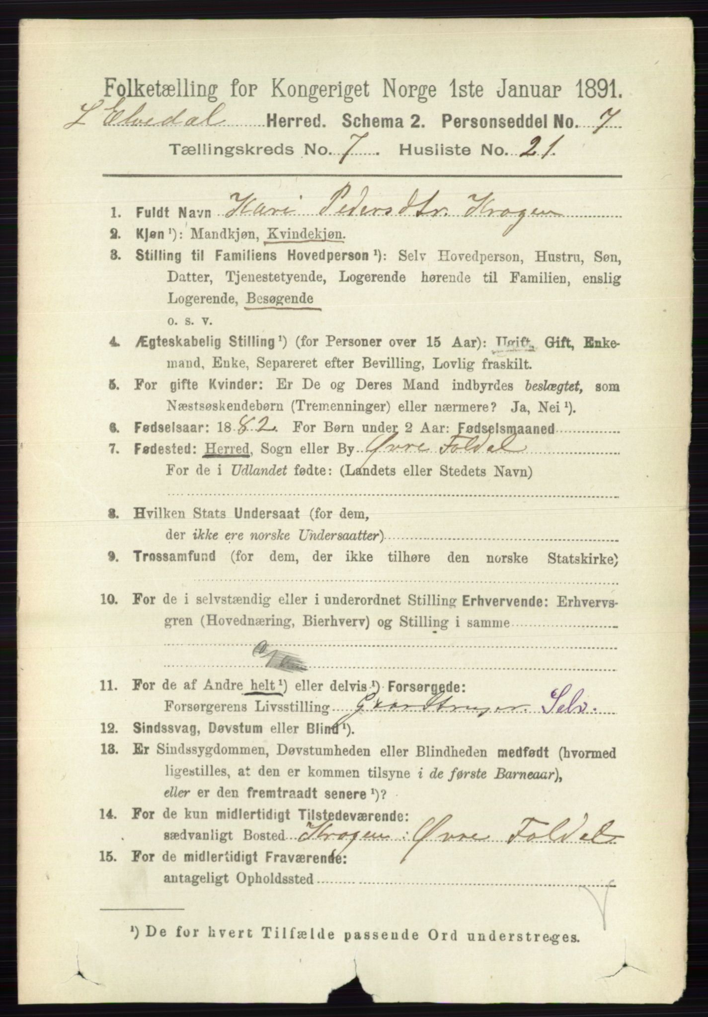 RA, 1891 census for 0438 Lille Elvedalen, 1891, p. 2418