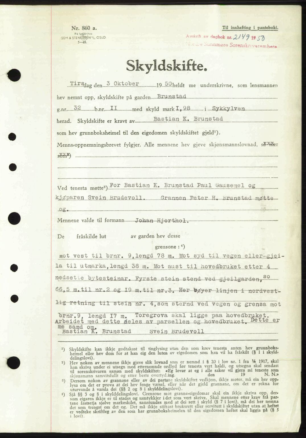 Nordre Sunnmøre sorenskriveri, AV/SAT-A-0006/1/2/2C/2Ca: Mortgage book no. A36, 1950-1950, Diary no: : 2149/1950