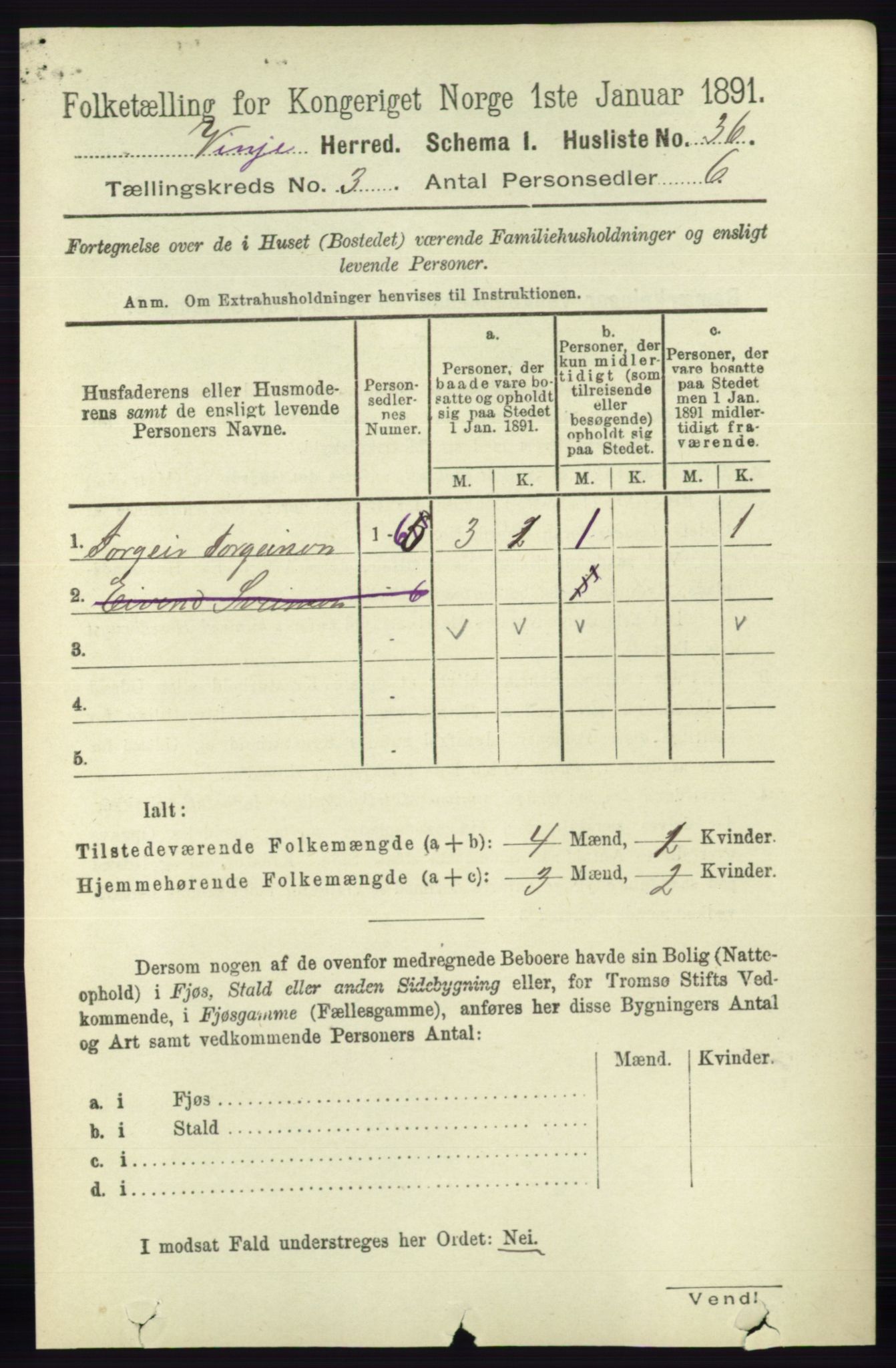 RA, 1891 census for 0834 Vinje, 1891, p. 636