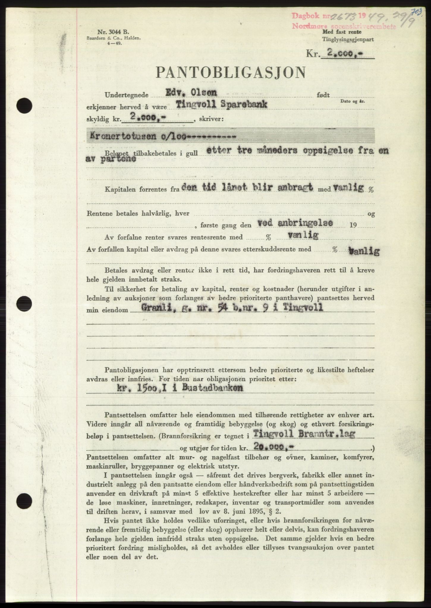 Nordmøre sorenskriveri, AV/SAT-A-4132/1/2/2Ca: Mortgage book no. B102, 1949-1949, Diary no: : 2673/1949