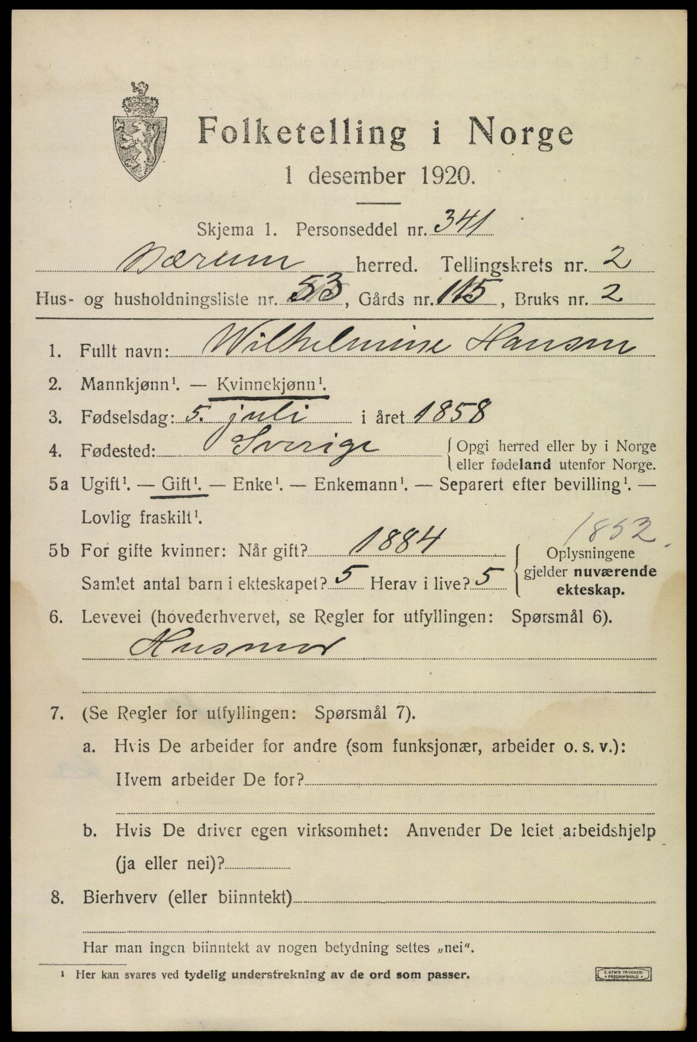 SAO, 1920 census for Bærum, 1920, p. 7234